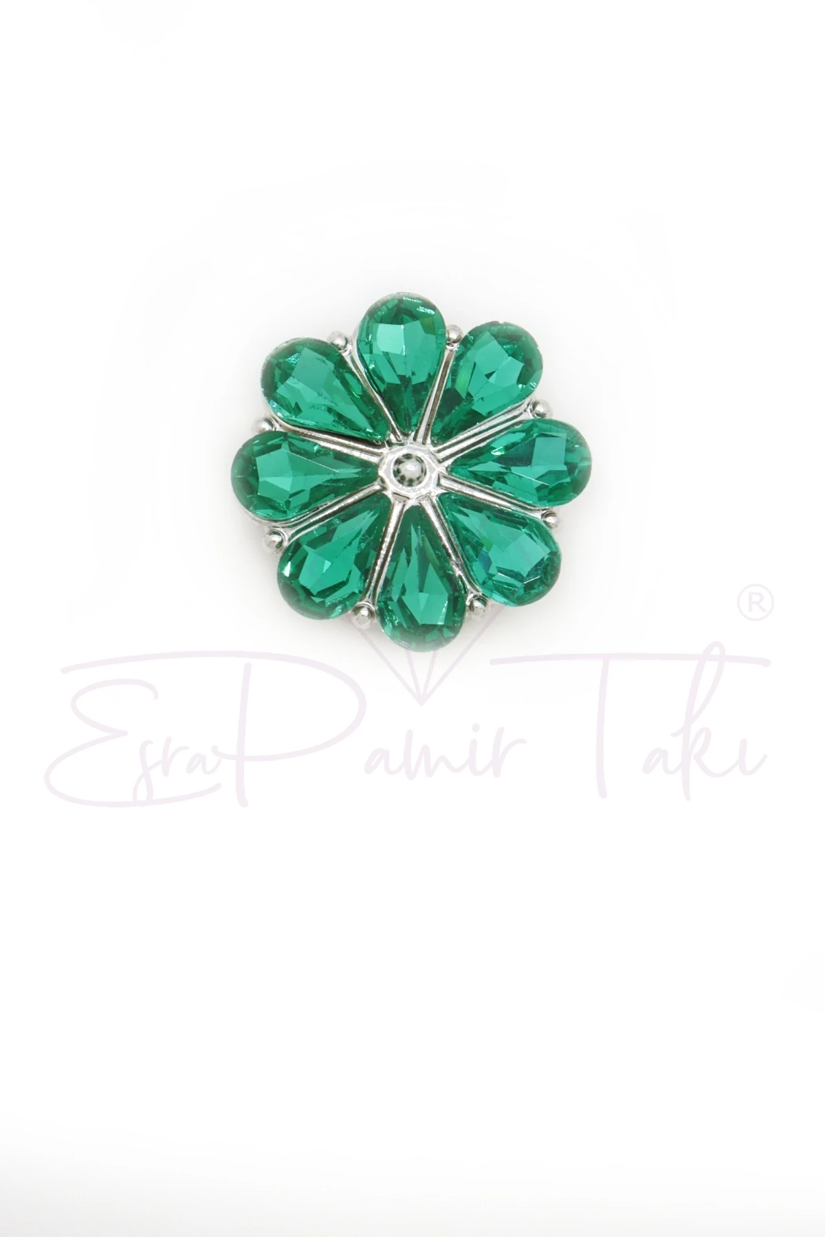 Yeşil Taşlı Düğme Süsü Çiçek Broş