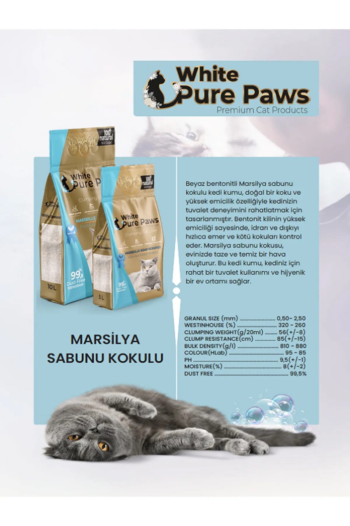 Pure Paws İnce Taneli Marsilya Sabunu Kokulu Bentonit Kedi Kumu 5 lt