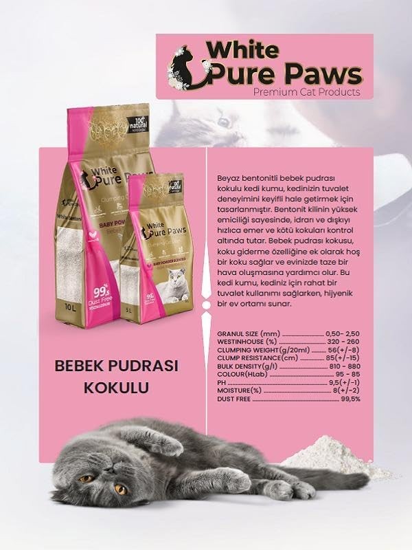 Pure Paws İnce Taneli Bebek Pudralı Bentonit Kedi Kumu 10 lt