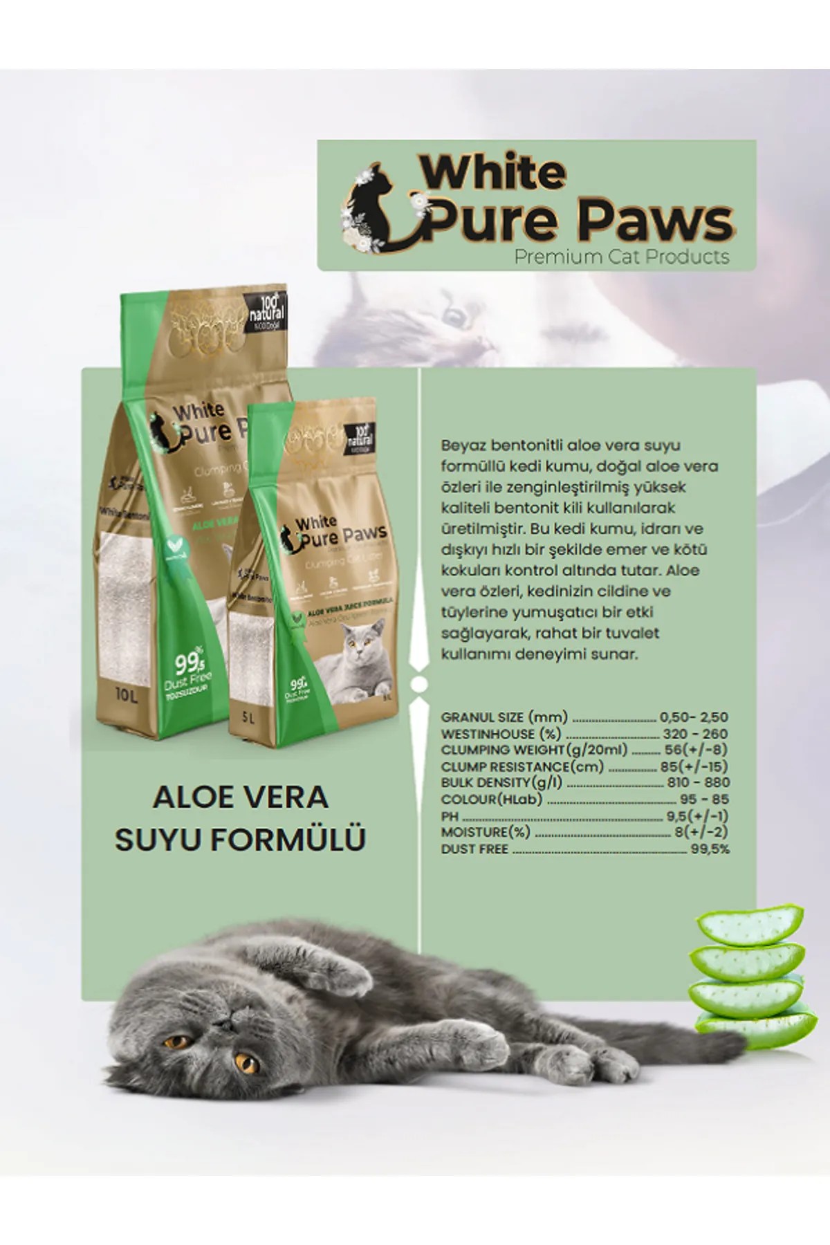 Pure Paws İnce Taneli Aloe Vera Kokulu Bentonit Kedi Kumu 5 lt