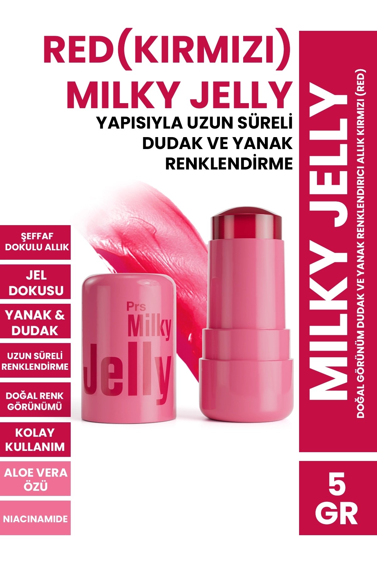 PROCSIN Milky Jelly Doğal Görünüm Dudak ve Yanak Renklendirici Allık Kırmızı (Red) 5 GR