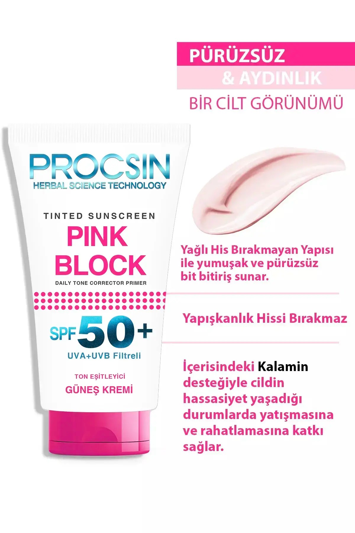 PROCSIN Pink Block Aydınlatıcı ve Ton Eşitleyici SPF50+ Güneş Kremi 50 ML