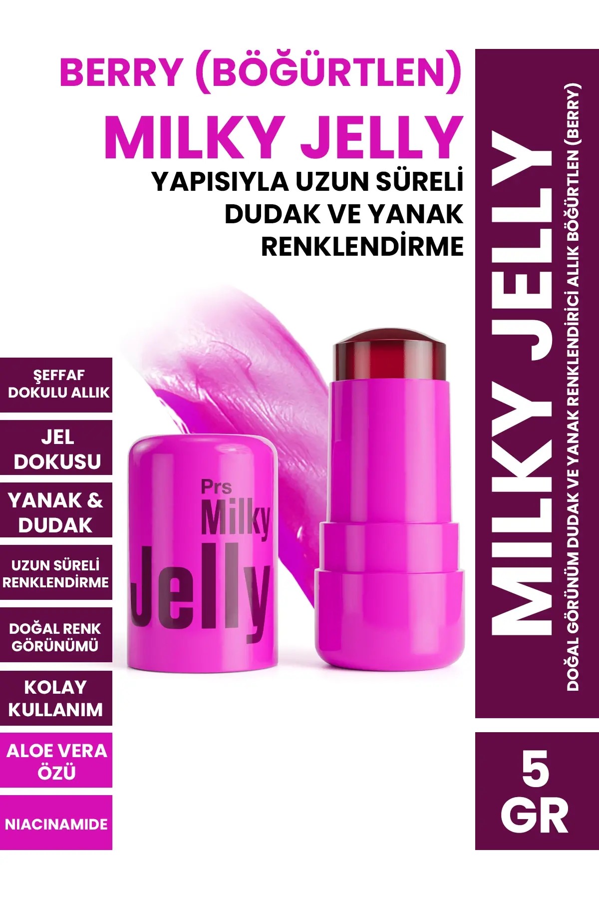 PROCSIN Milky Jelly Doğal Görünüm Dudak ve Yanak Renklendirici Allık Böğürtlen (Berry) 5 GR