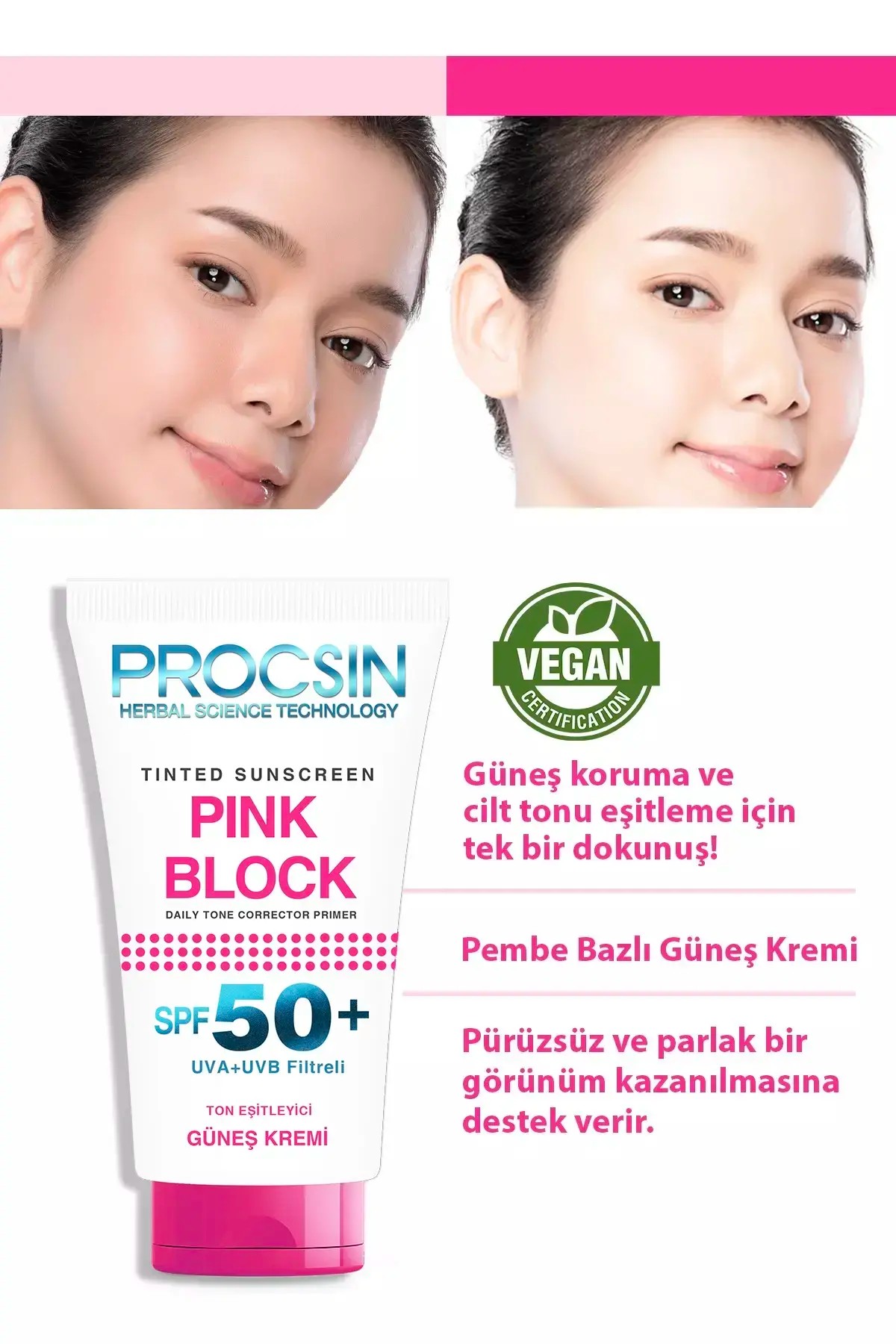 PROCSIN Pink Block Aydınlatıcı ve Ton Eşitleyici SPF50+ Güneş Kremi 50 ML