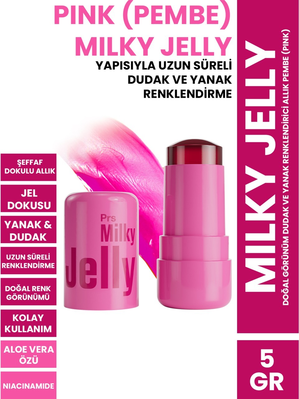 PROCSIN Milky Jelly Doğal Görünüm Dudak ve Yanak Renklendirici Allık Pembe (Pink) 5 GR