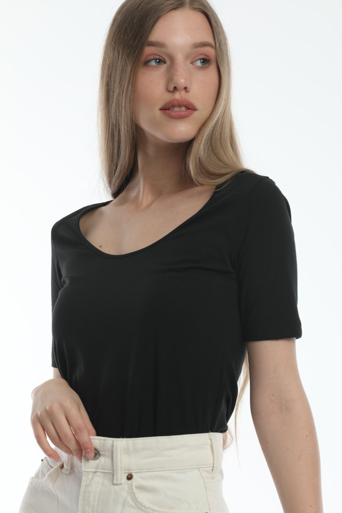 U Yaka Slim Fit Base 2'li Paket Siyah/Beyaz Organik Pamuk T-shirt