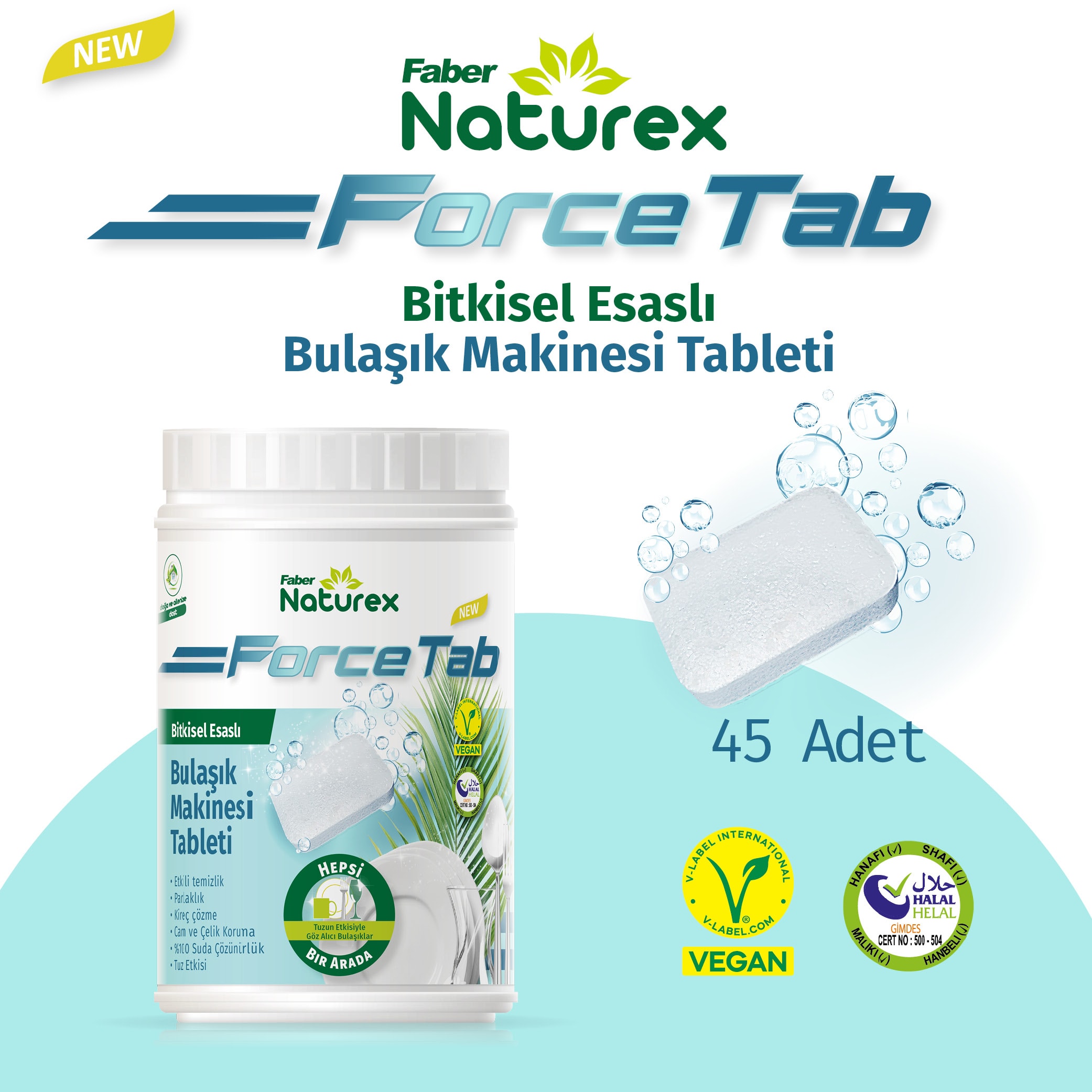Faber Naturex Force Tab - Bitkisel Esaslı Bulaşık Yıkama Tableti Temizleyici - Parlatıcı - Kireç Çözücü - 45 Tablet