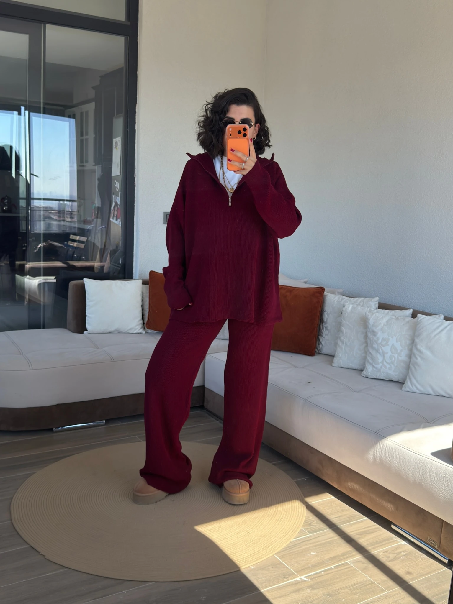 Premium Yakası Fermuarlı Bordo Triko Takım