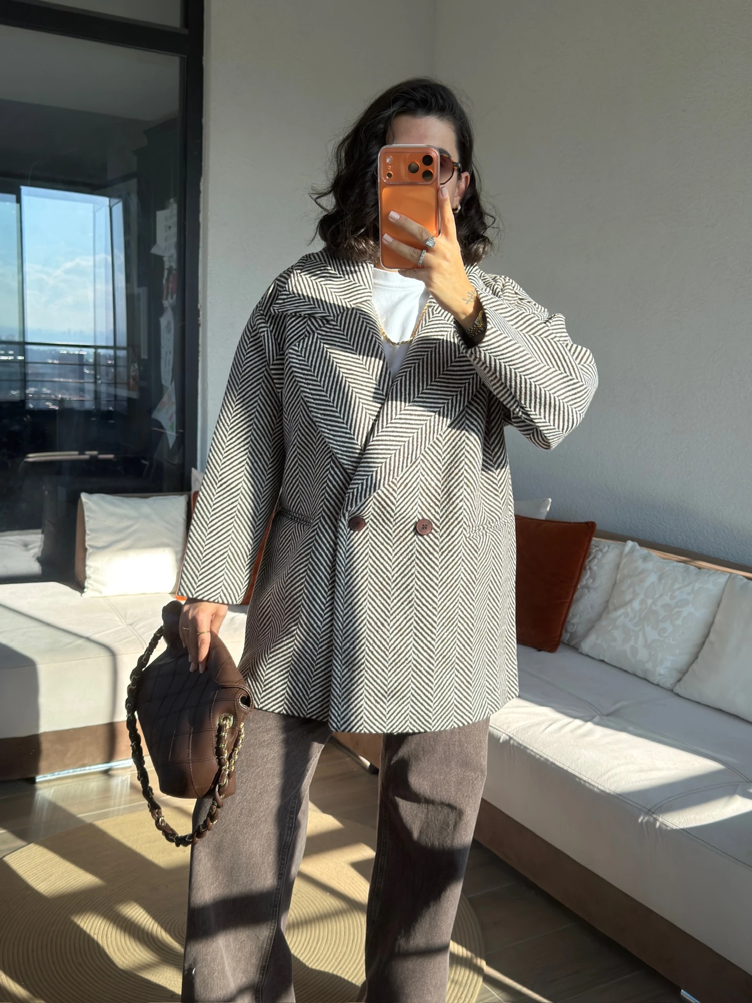 Premium Ekru-Kahve Balıksırtı İçi Astarlı Kaşe Kaban