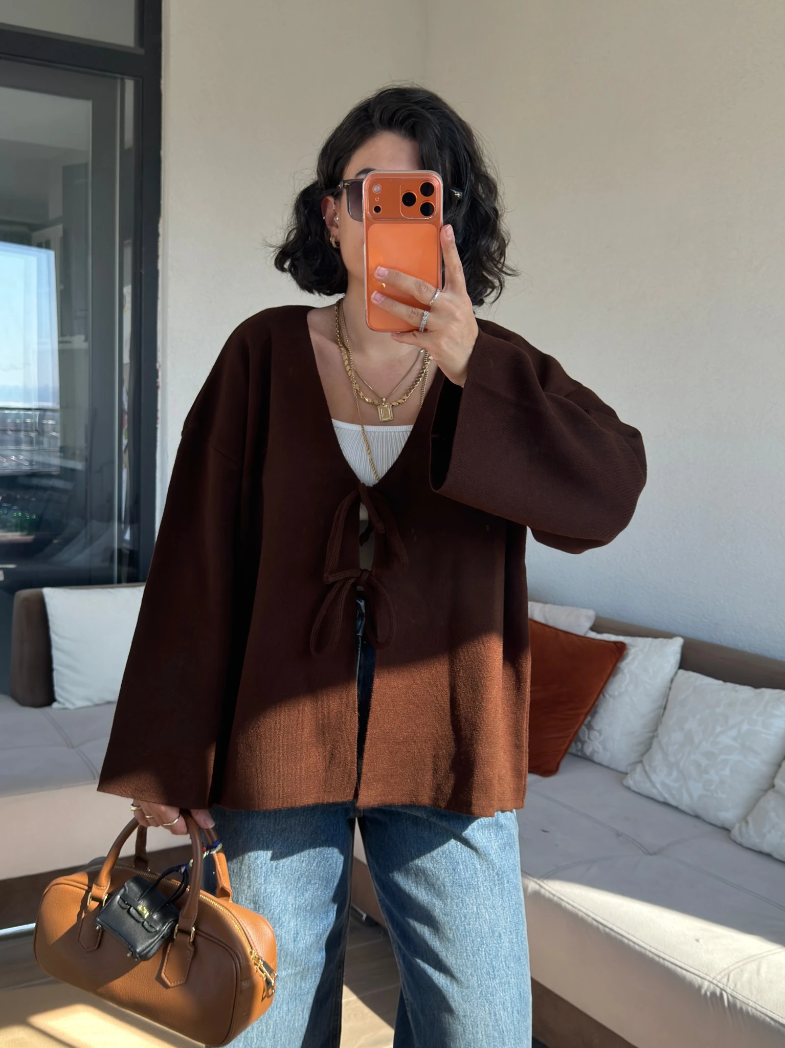 Önden Bağlamalı Acıkahve Triko Hırka