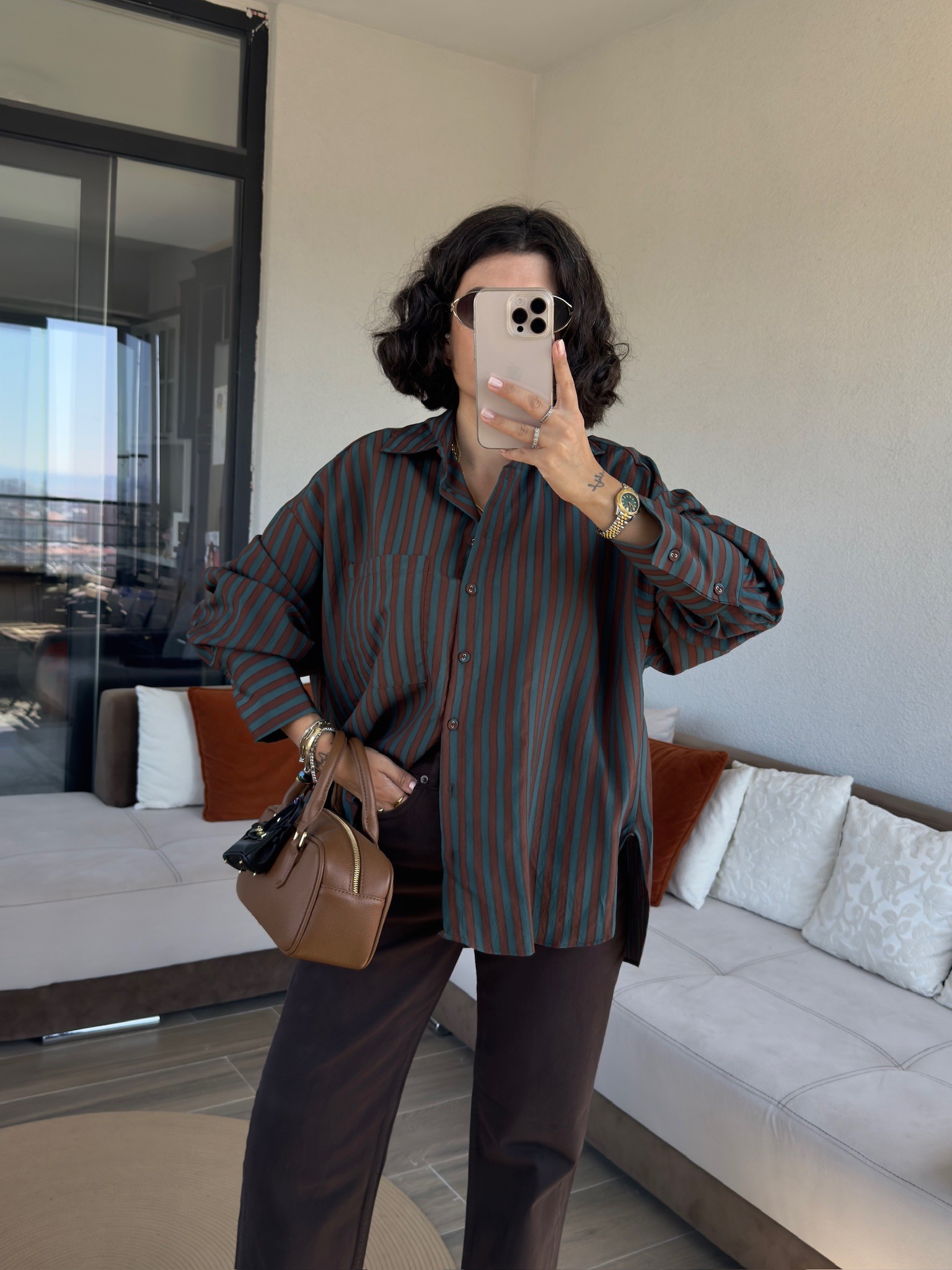 Premium Acı Kahve - Zümrüt Çizgili Gömlek