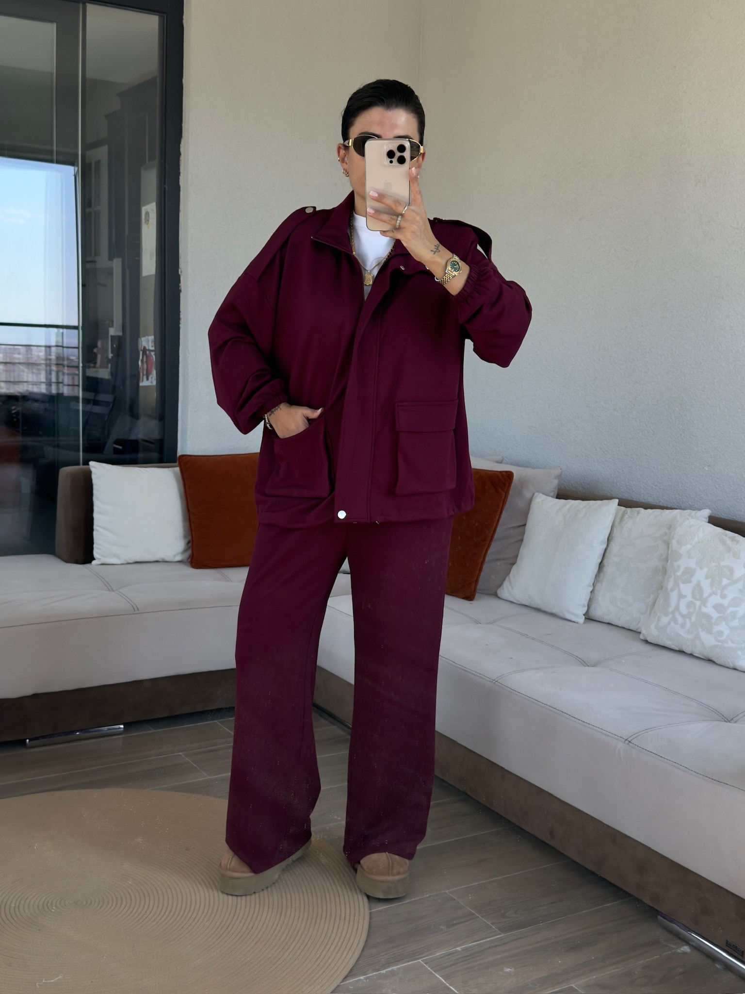 Premium Bomber Ceketli Bordo Modal Takım