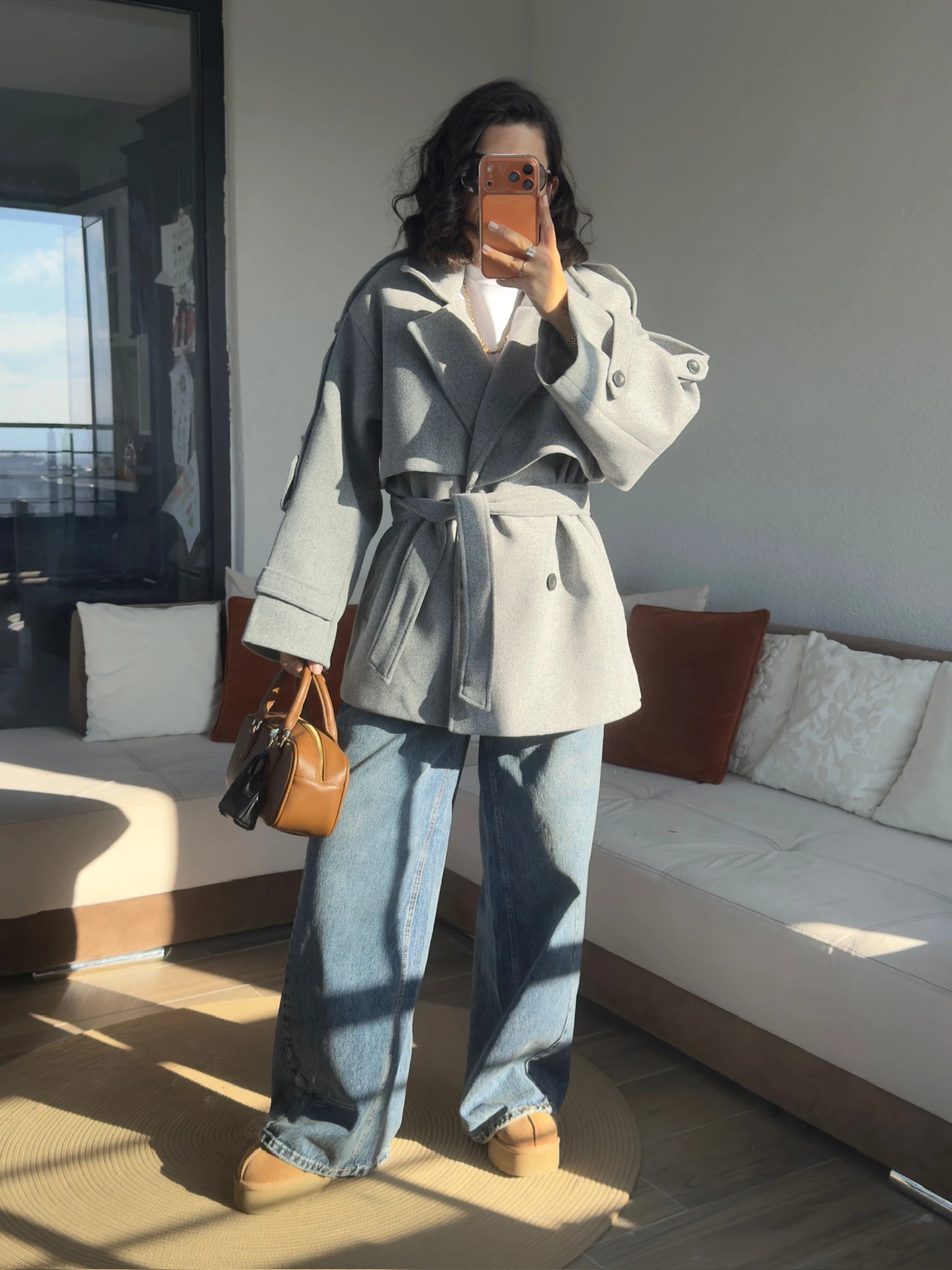 Premium Gri İçi Astarlı Belden Bağlamalı Kaşe Kaban