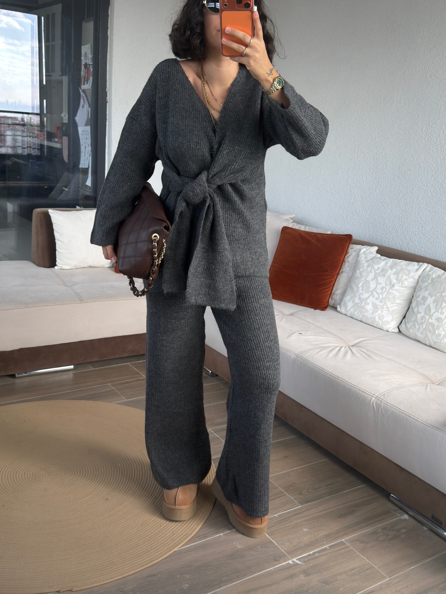 Premium Yandan Bağlamalı Antrasit Fitilli Takım