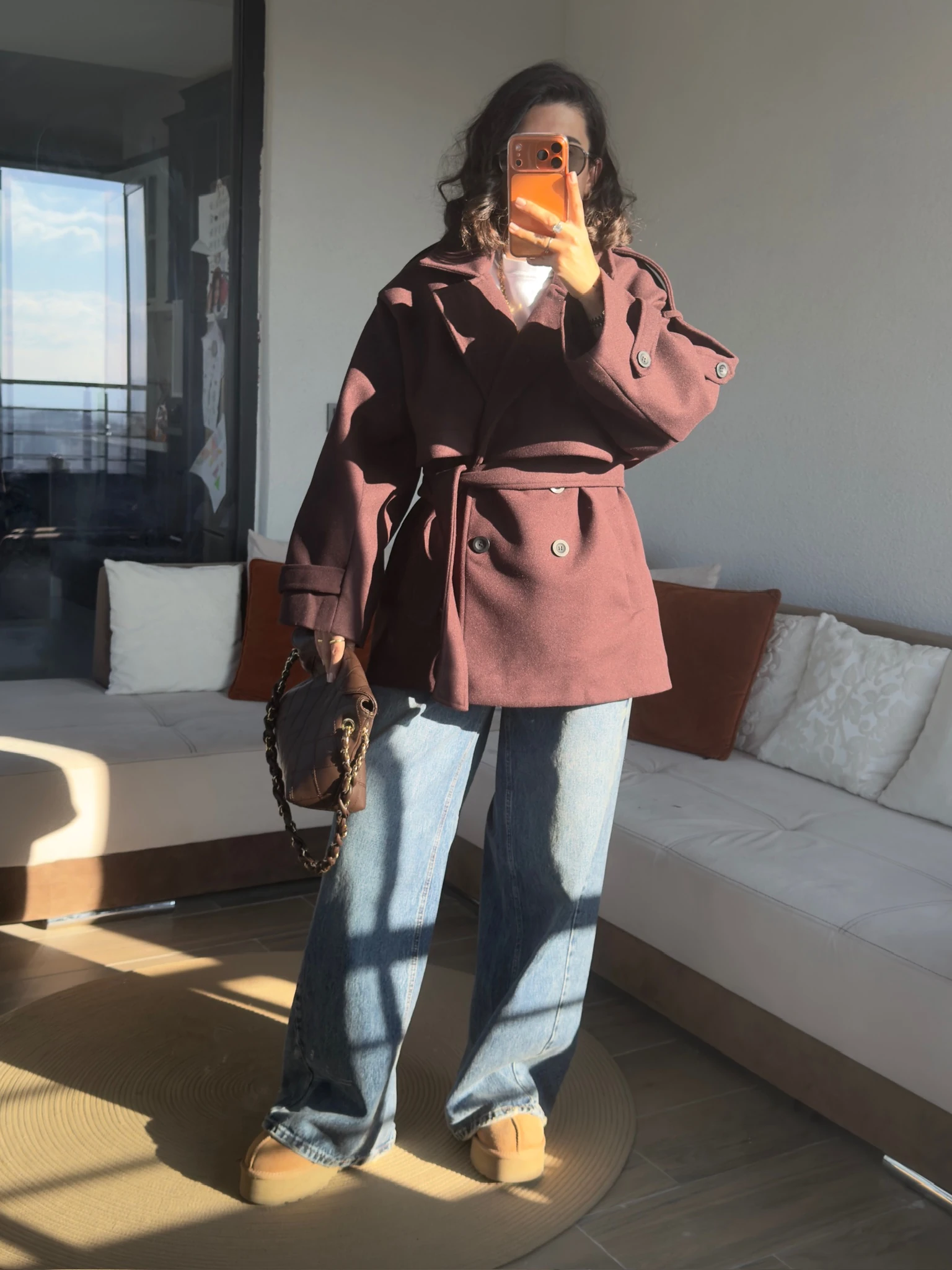 Premium Acıkahve İçi Astarlı Belden Bağlamalı Kaşe Kaban