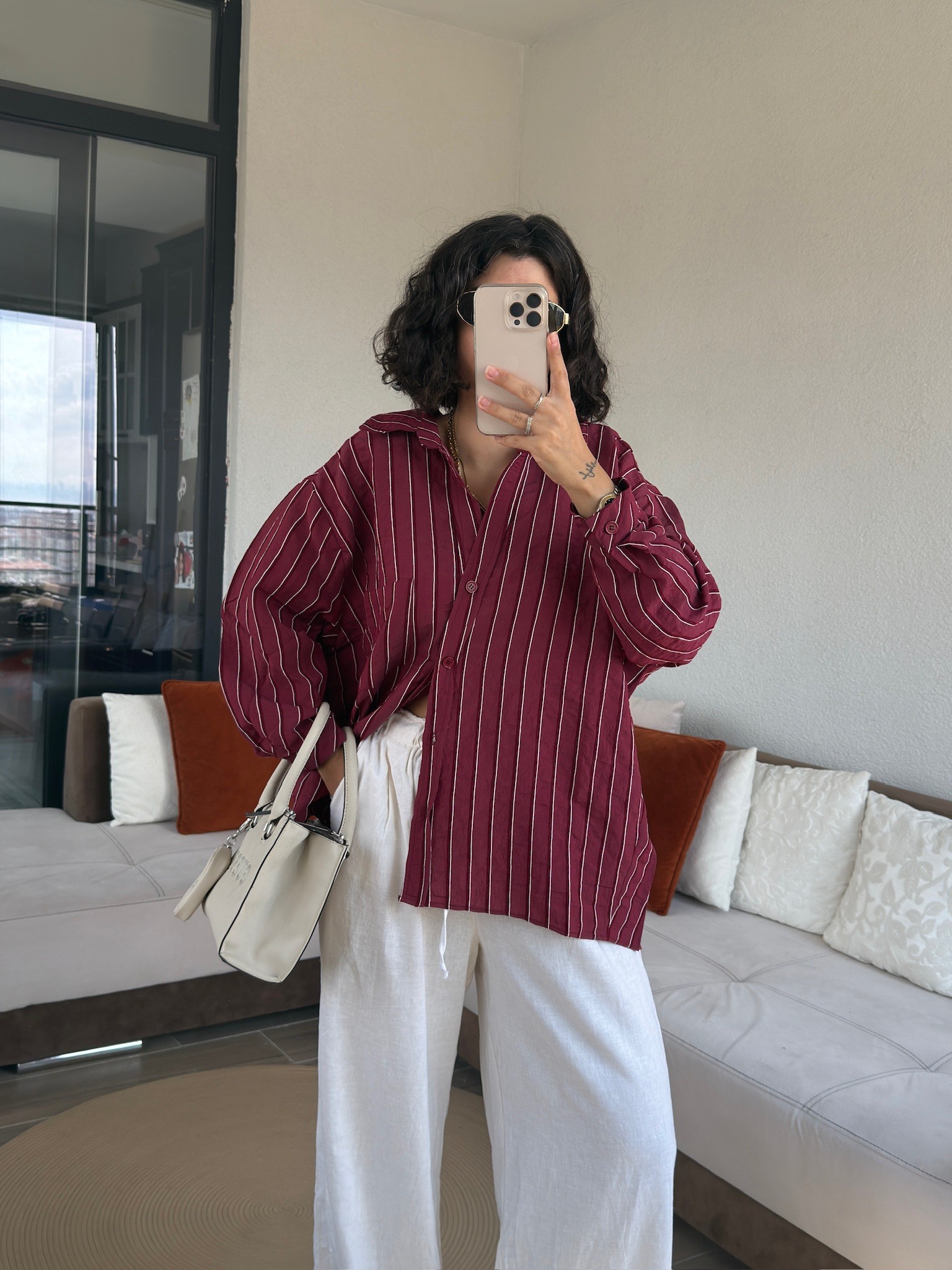 Premium Bordo Çizgili Tensel Gömlek