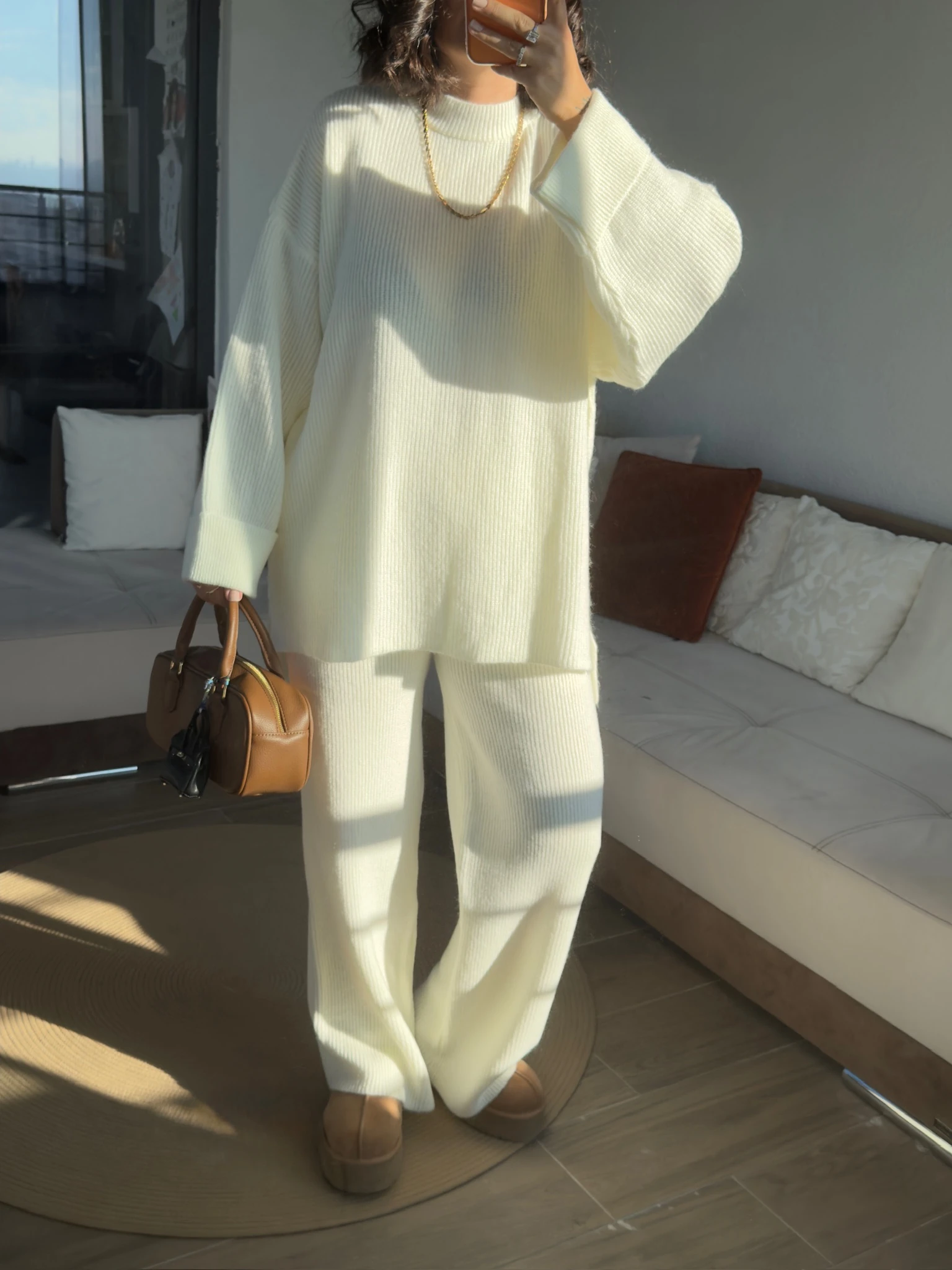 Premium Bisiklet Yaka Ekru Fitilli Triko Takım