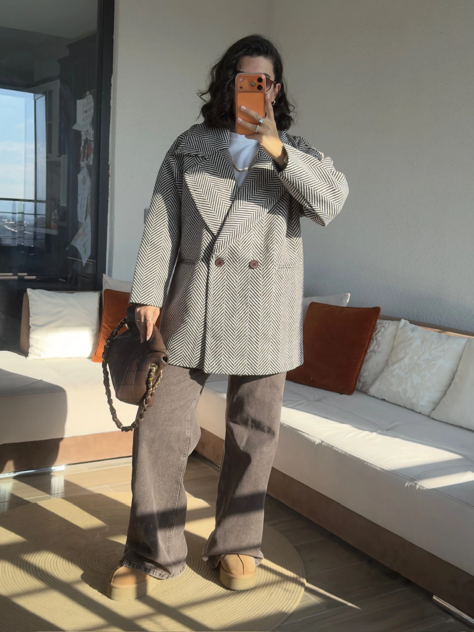 Premium Ekru-Kahve Balıksırtı İçi Astarlı Kaşe Kaban