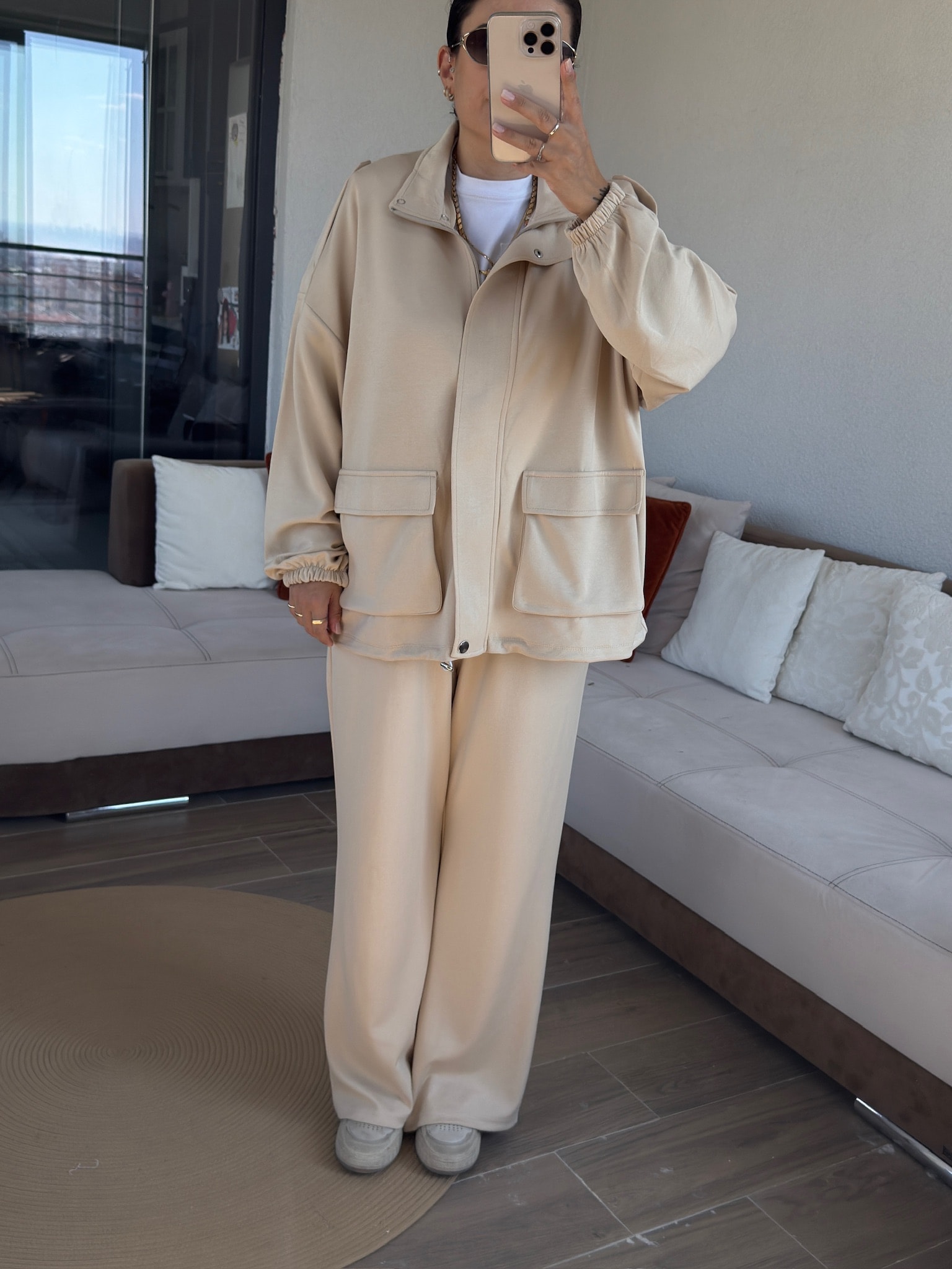 Premium Bomber Ceketli Ekru Modal Takım