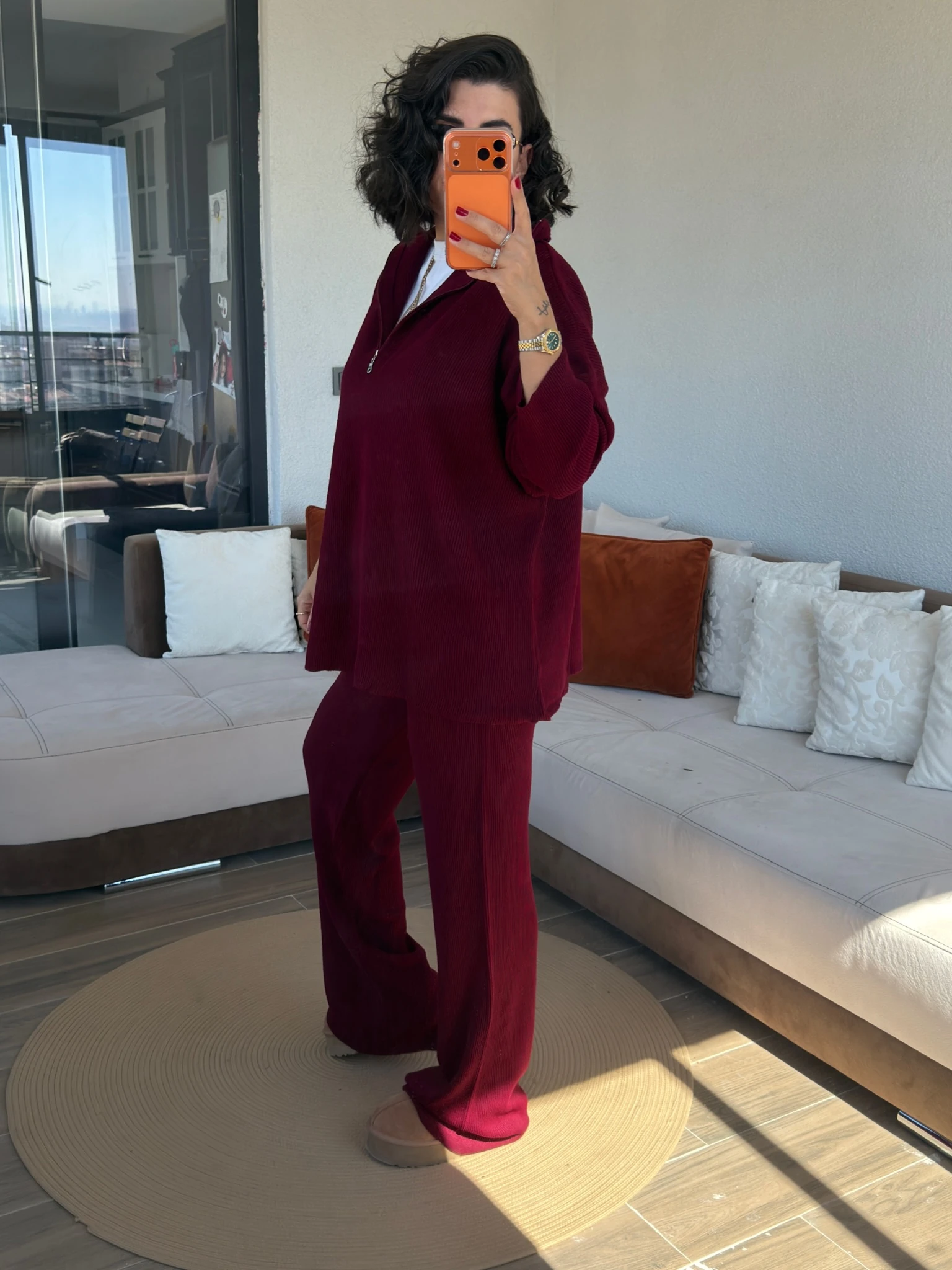 Premium Yakası Fermuarlı Bordo Triko Takım