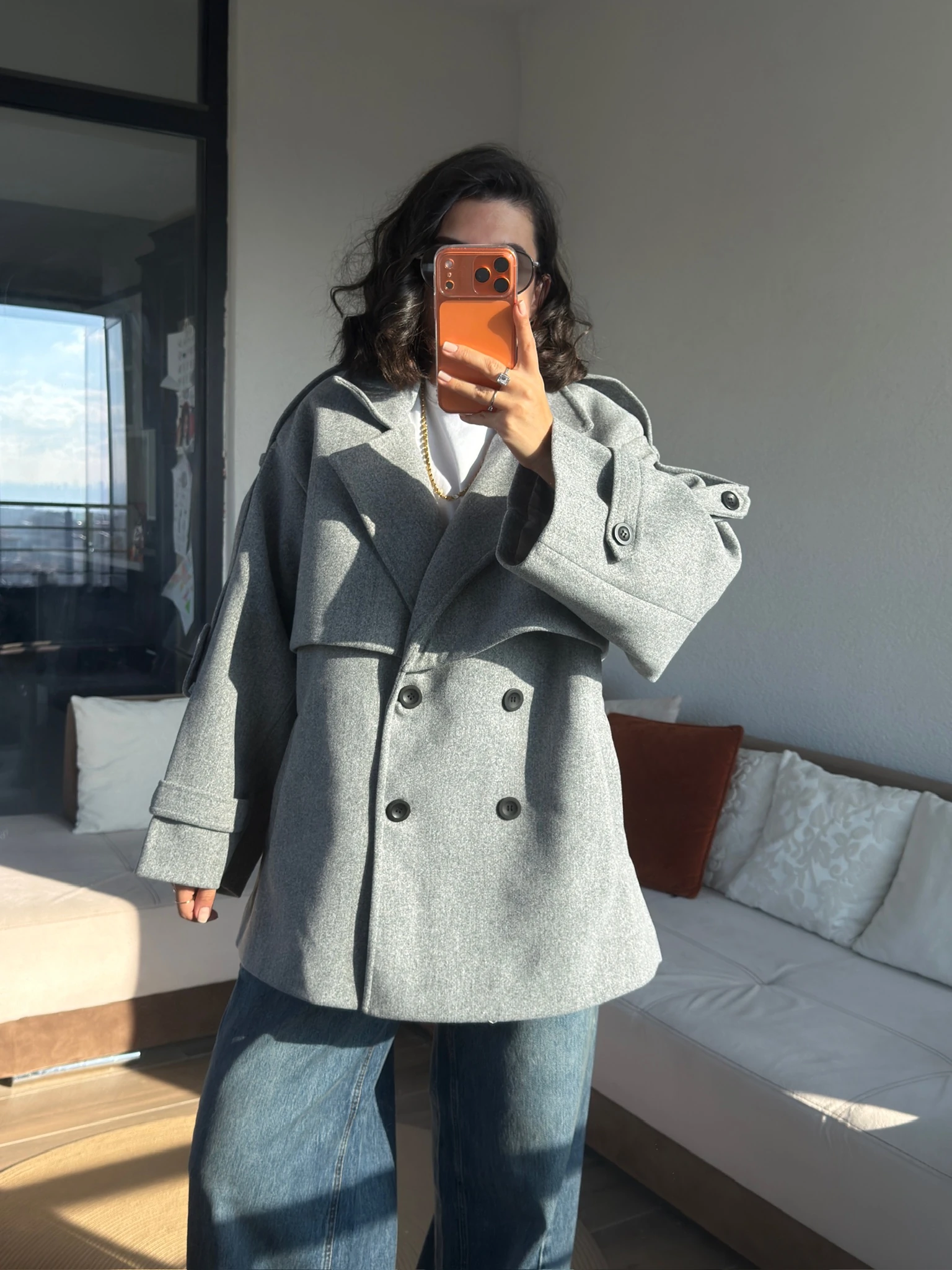 Premium Gri İçi Astarlı Belden Bağlamalı Kaşe Kaban