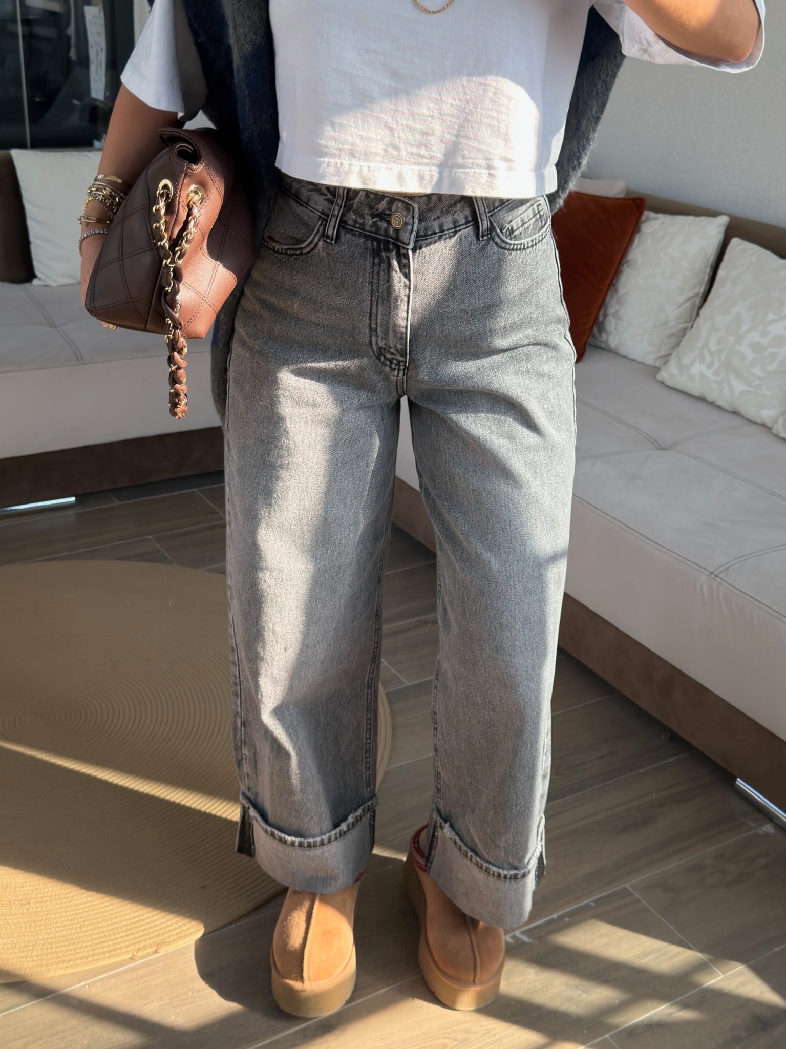 Premium Gri Paçası Katlı Jean