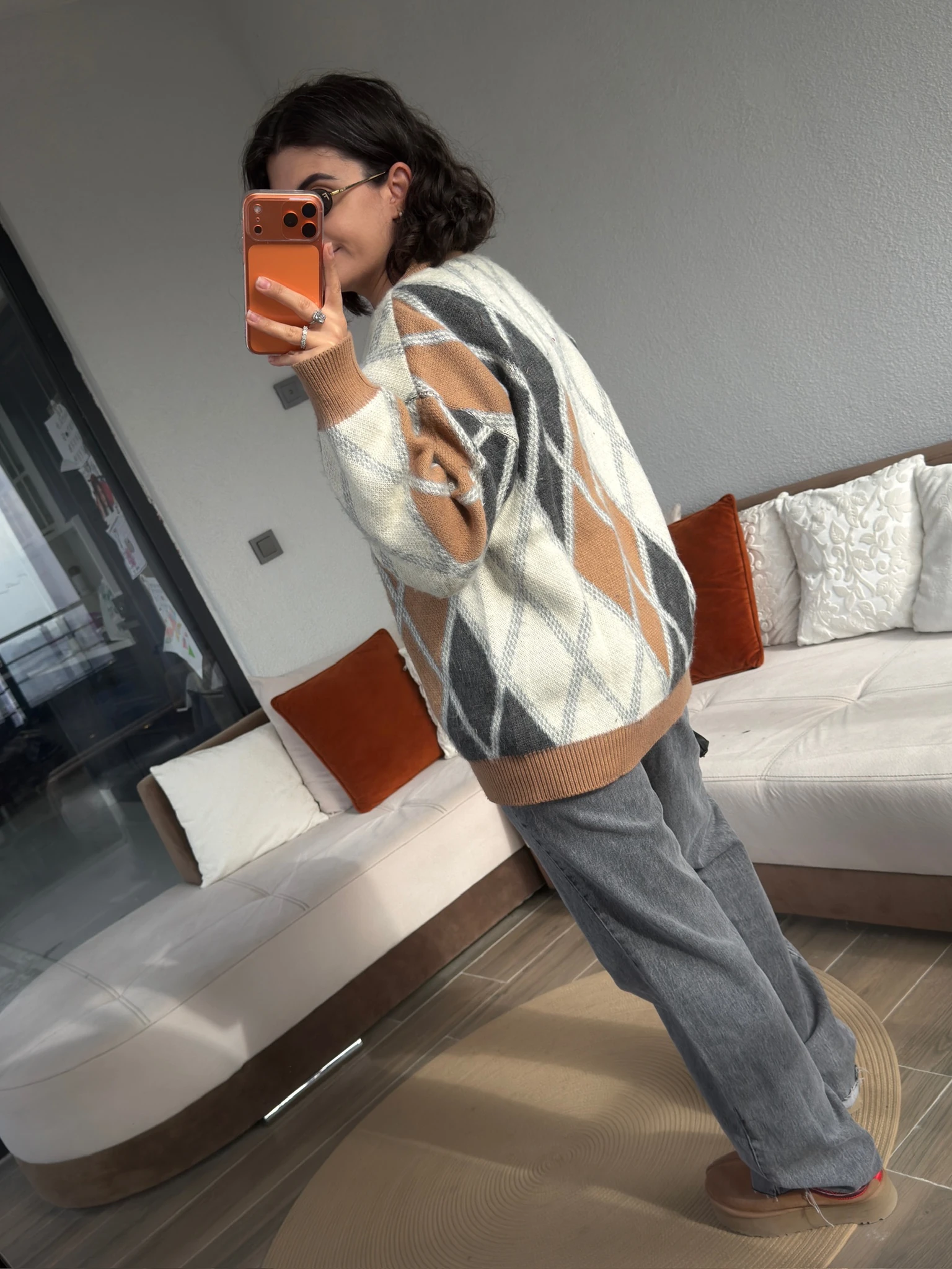 Premium Gri Taba Krem Baklava Detaylı Hırka