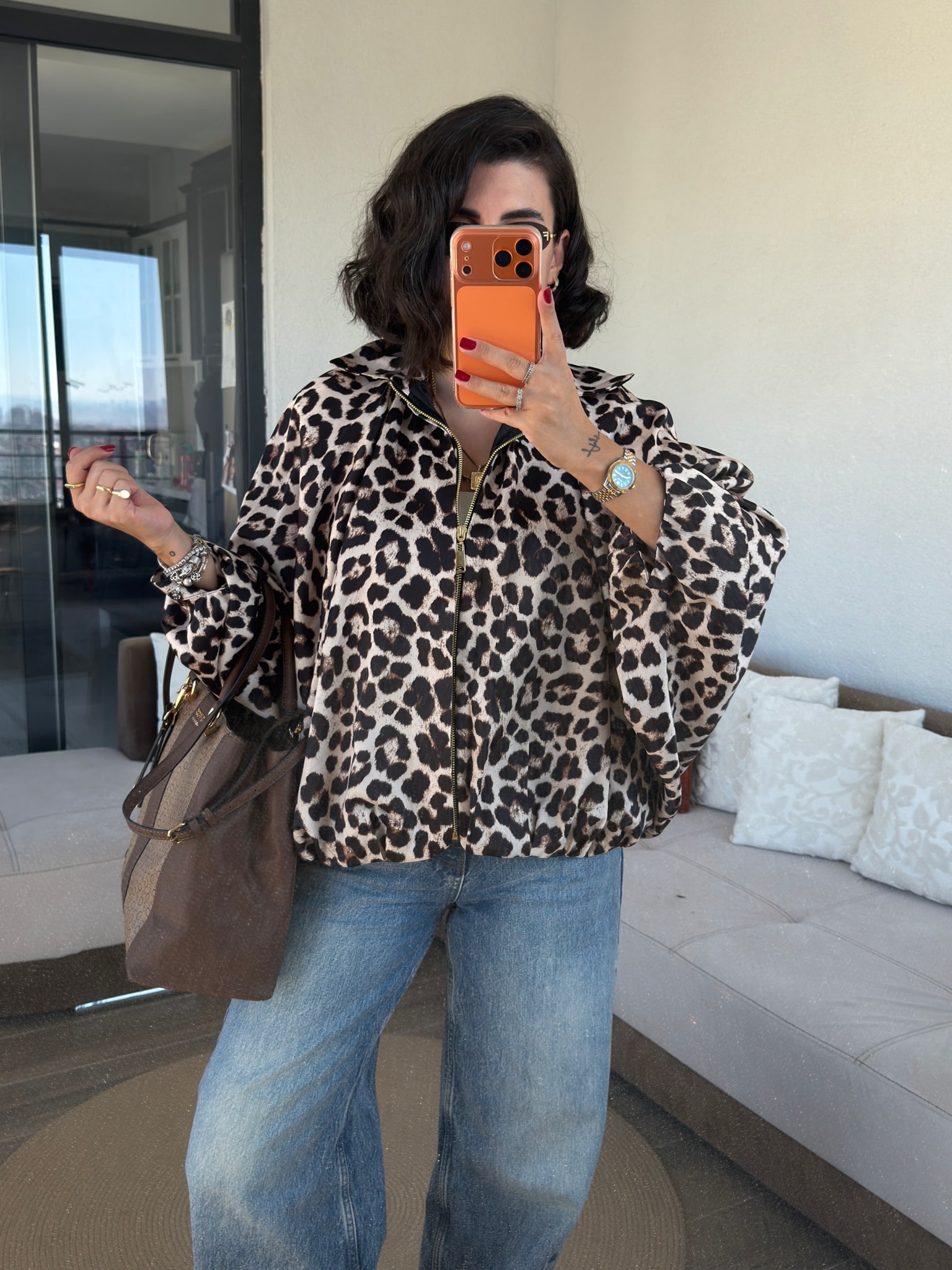 Premium Saten Leopar Bomber Ceket