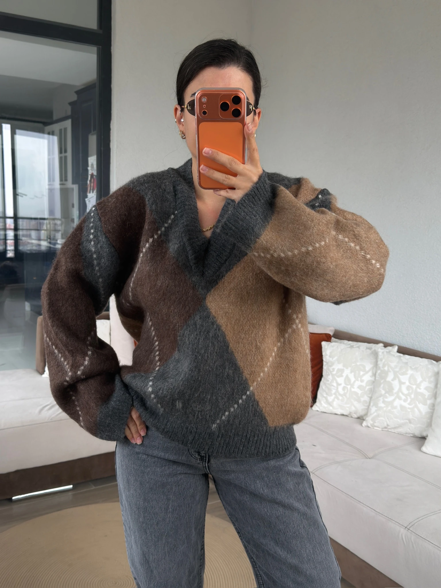 Premium Kahve Gri Baklavalı Kazak