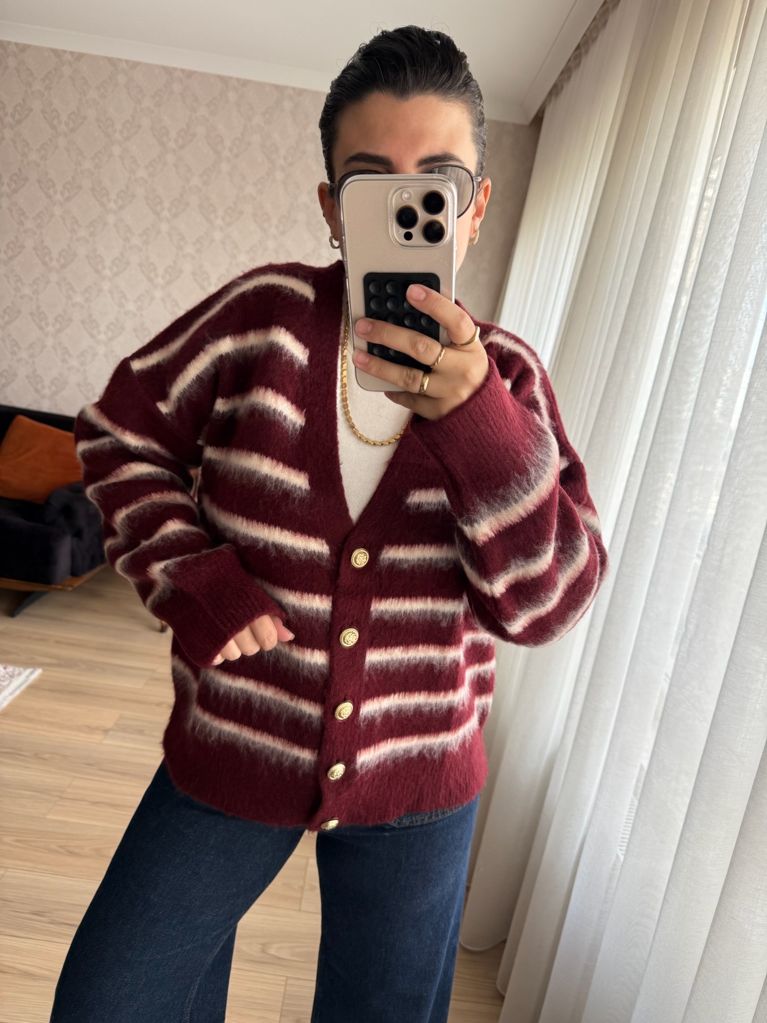 Bordo Çizgili Gold Düğmeli Hırka