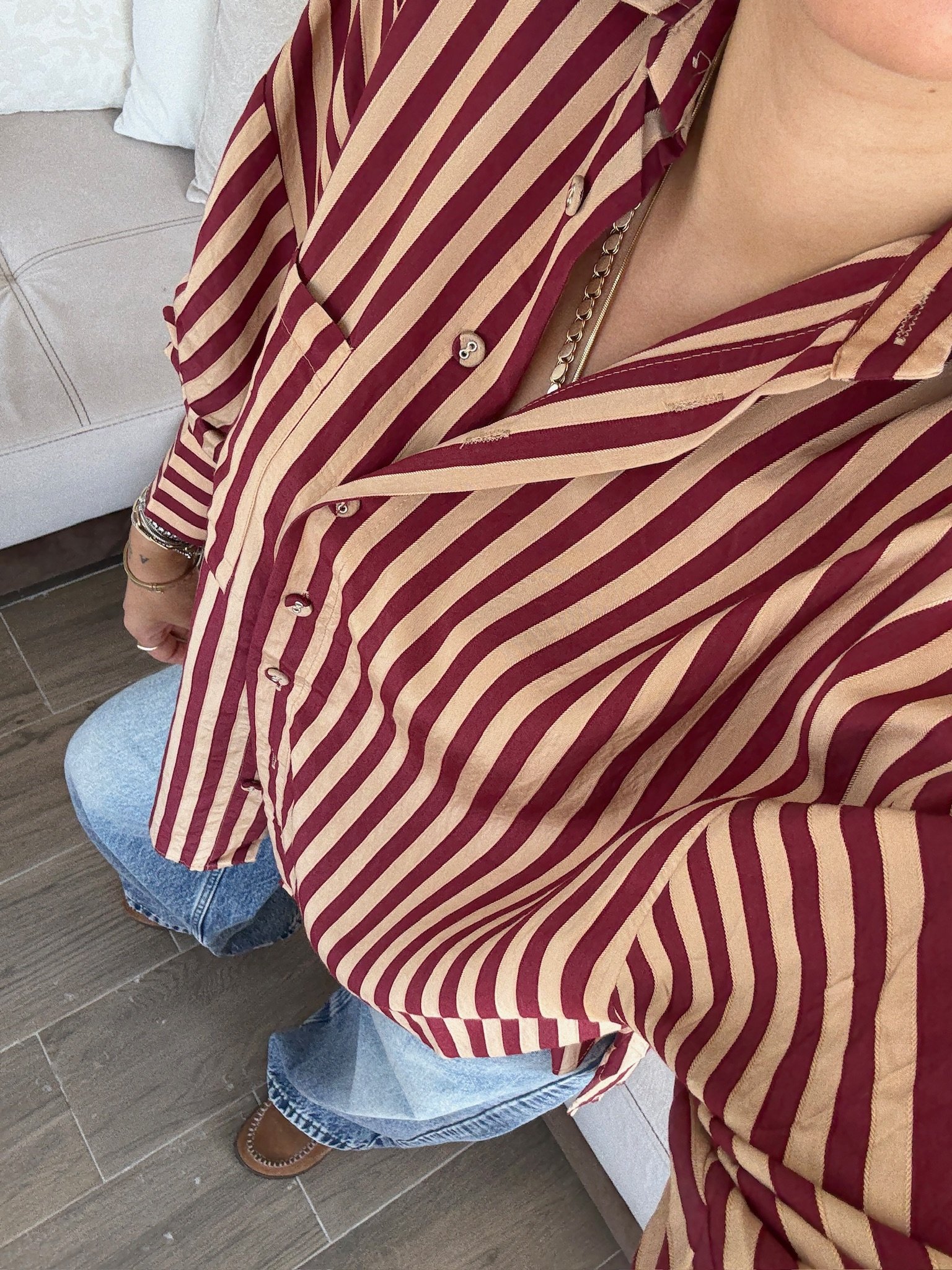 Premium Bordo-Bej Çizgili Gömlek