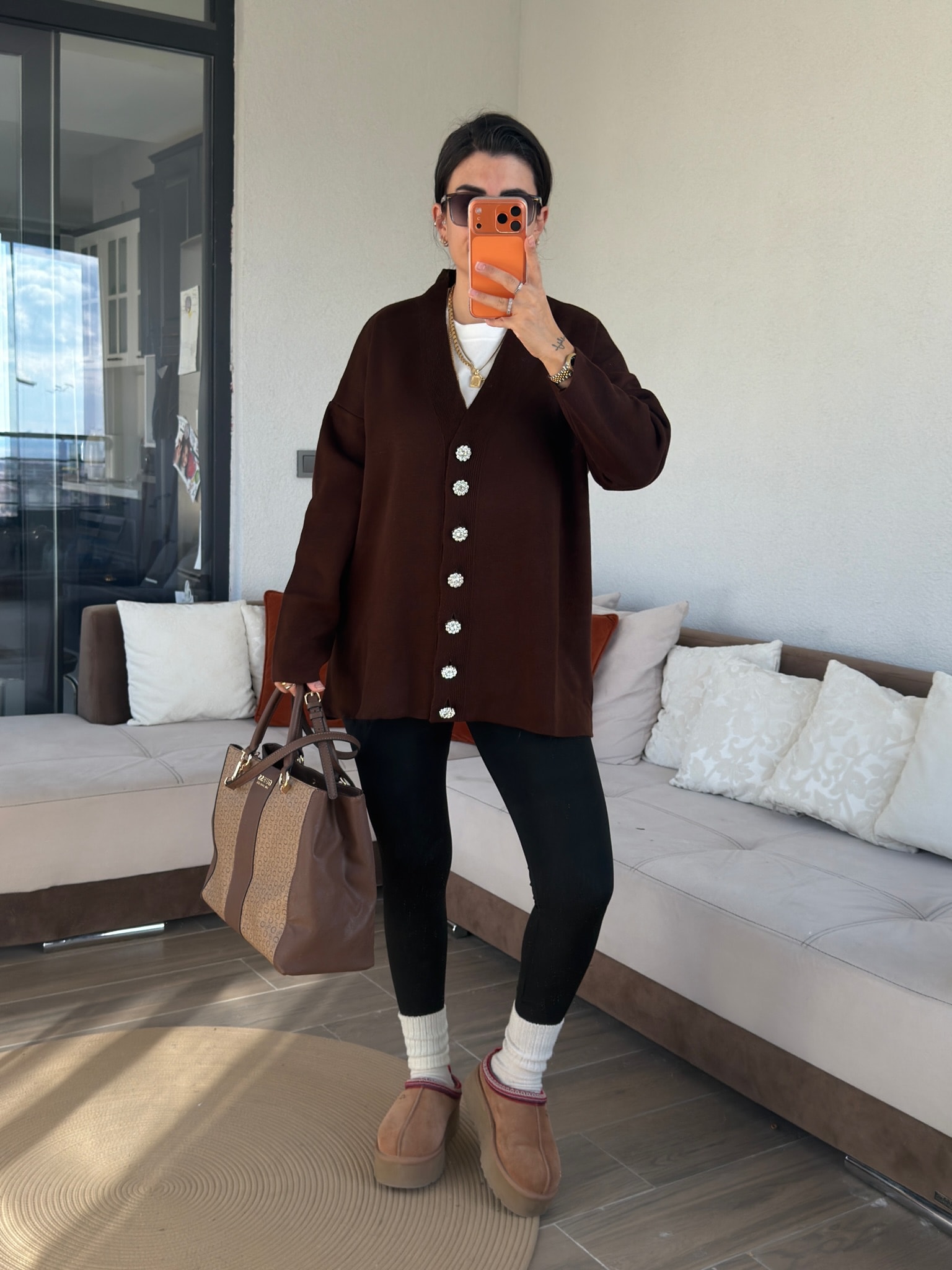 Ms Model Çiçek Düğmeli Acı Kahve Triko Hırka