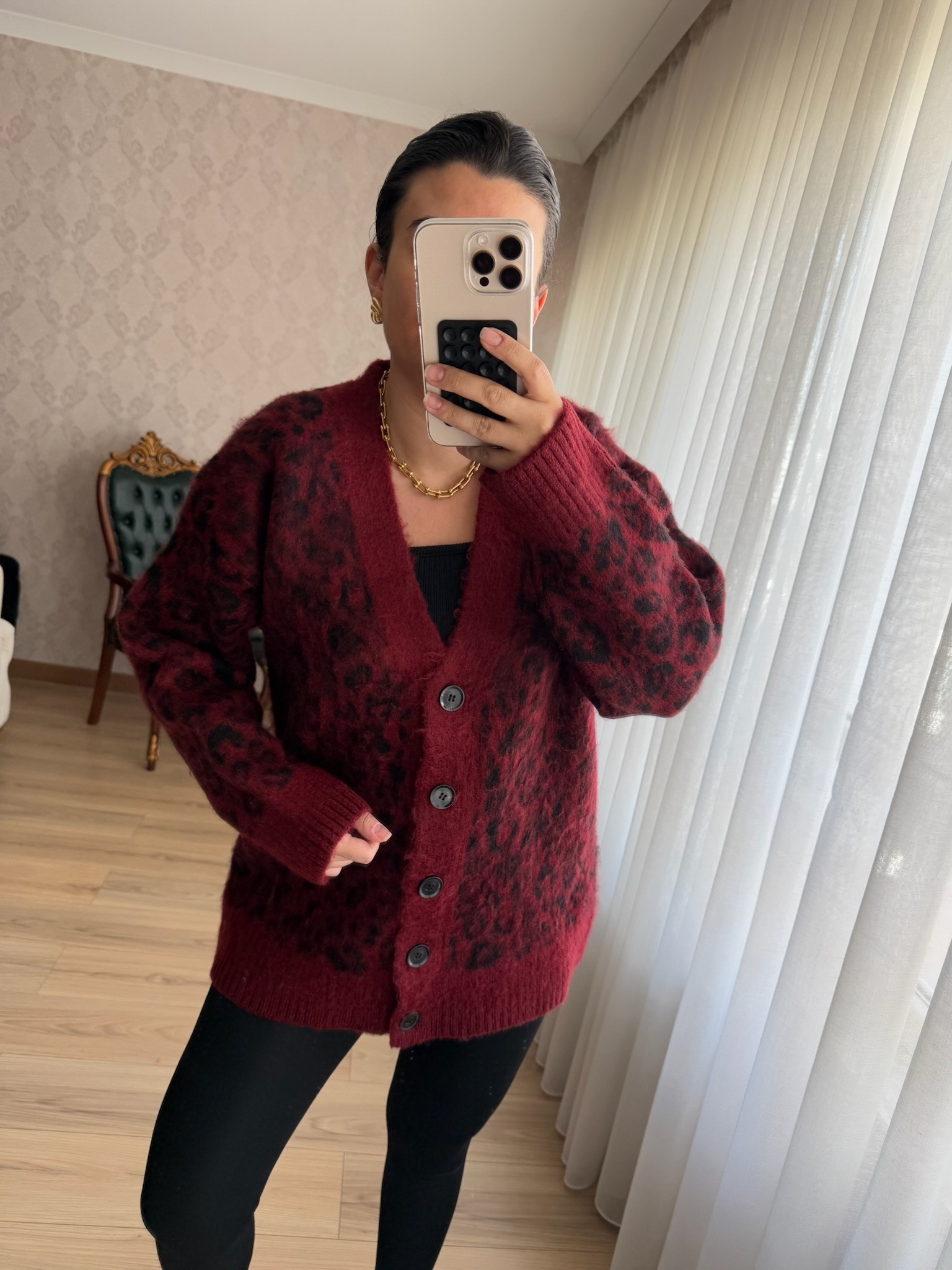 Bordo Leopar Detaylı Hırka