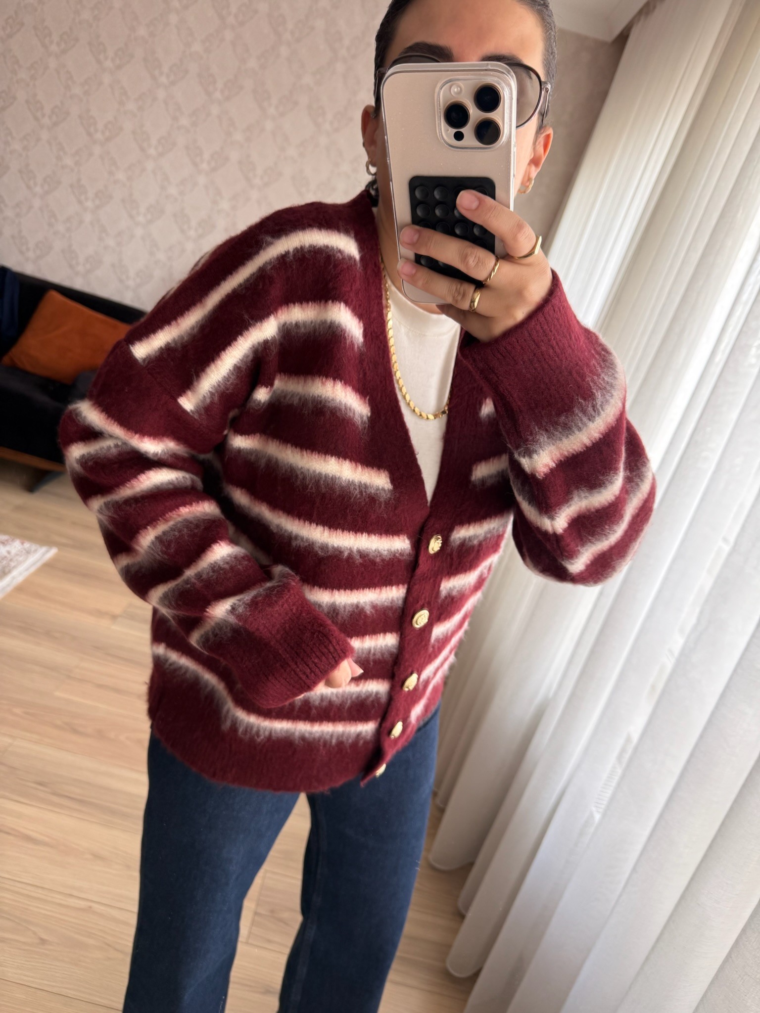 Bordo Çizgili Gold Düğmeli Hırka