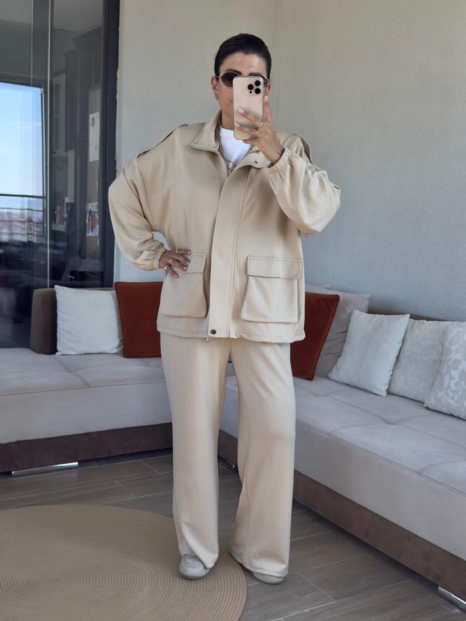 Premium Bomber Ceketli Ekru Modal Takım