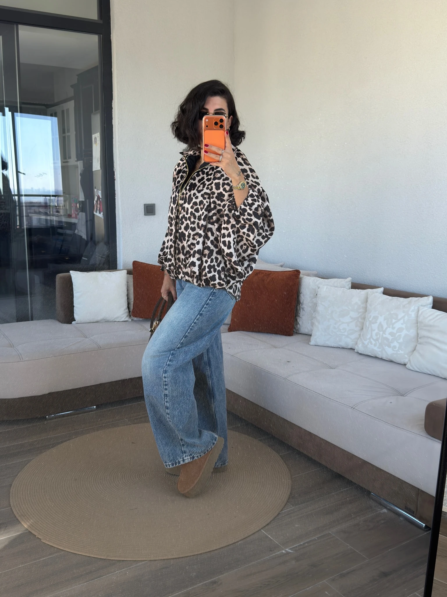 Premium Saten Leopar Bomber Ceket