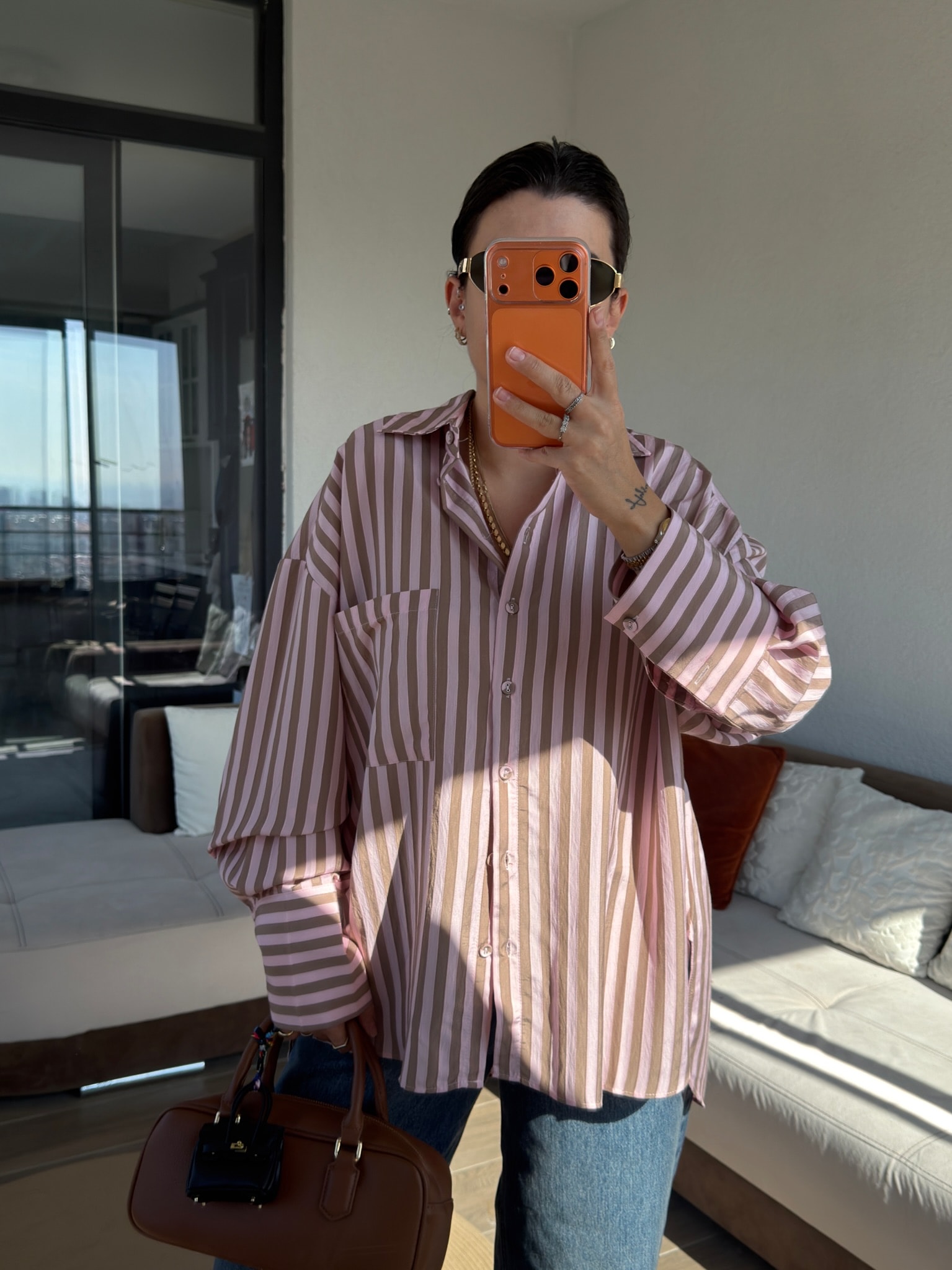 Premium Pembe-Kahve Çizgili Gömlek