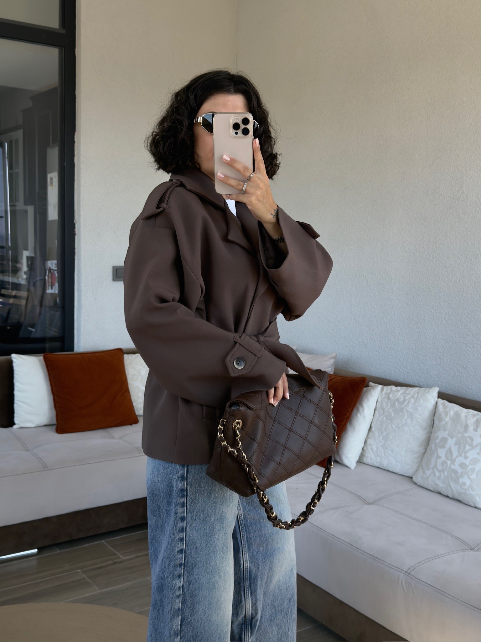 Premium Belden Bağlamalı Kısa Kahve Trençkot