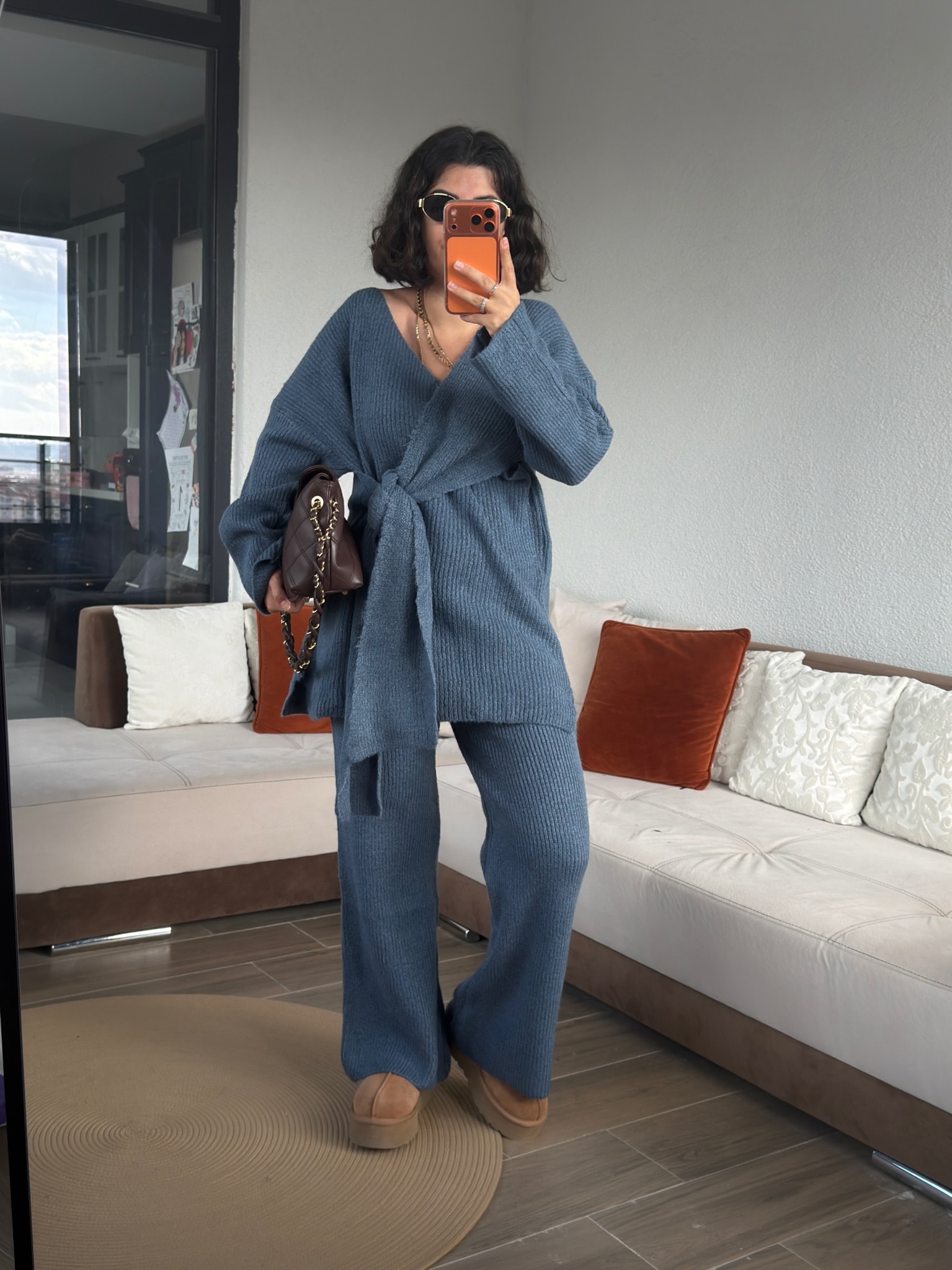 Premium Yandan Bağlamalı Mavi Triko Takım