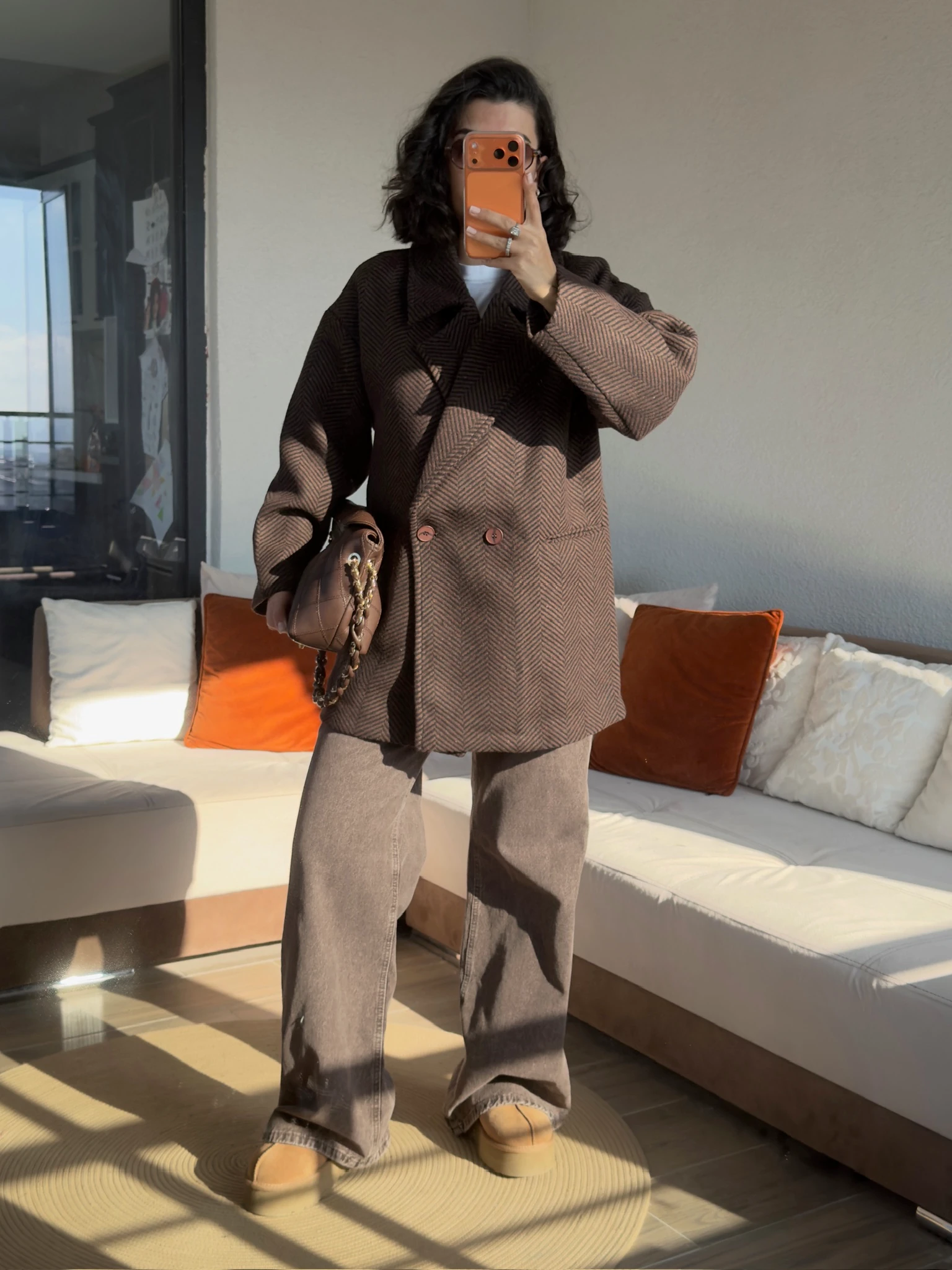 Premium Kahve-Siyah Balıksırtı İçi Astarlı Kaşe Kaban