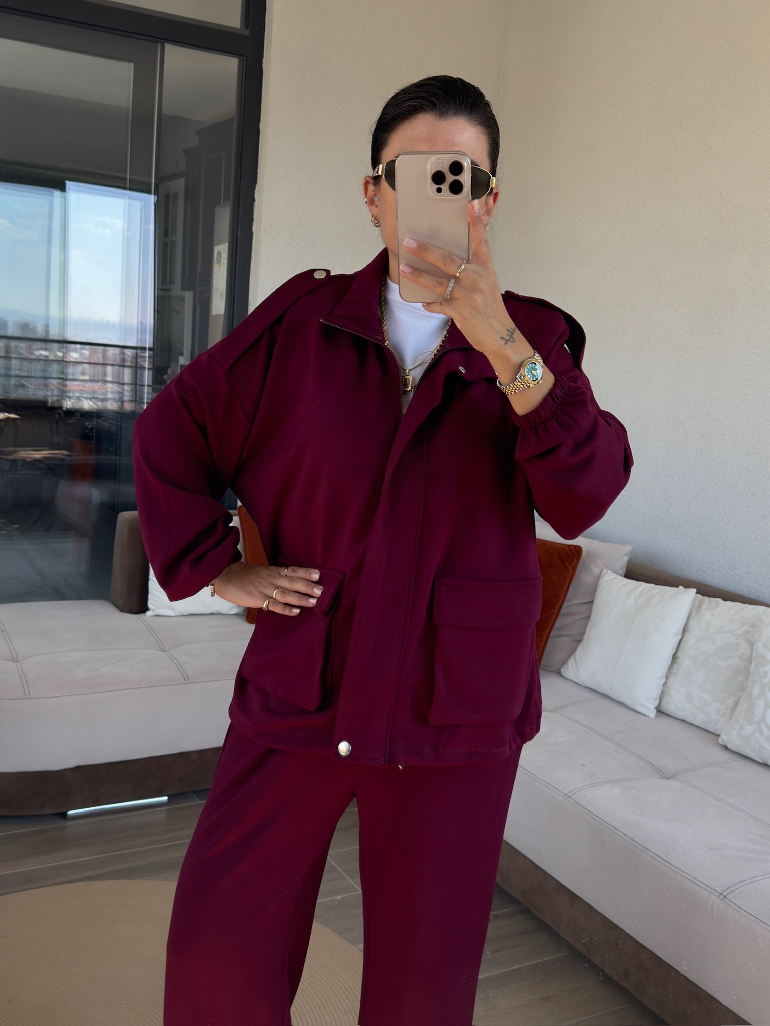 Premium Bomber Ceketli Bordo Modal Takım