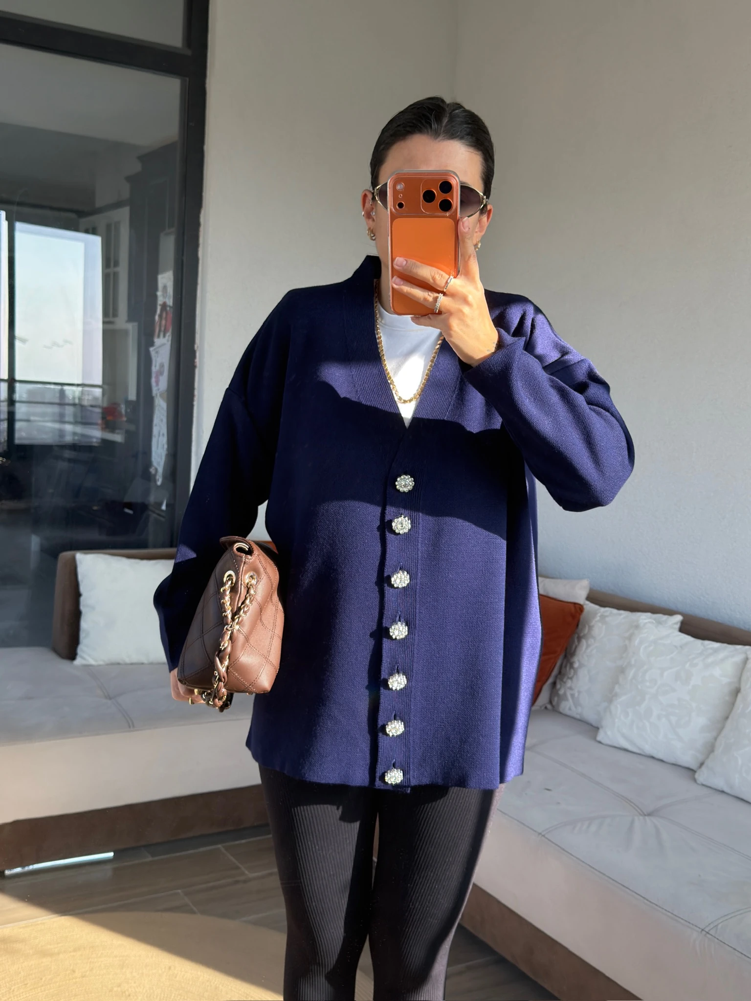 Ms Model Çiçek Düğmeli Lacivert Hırka 