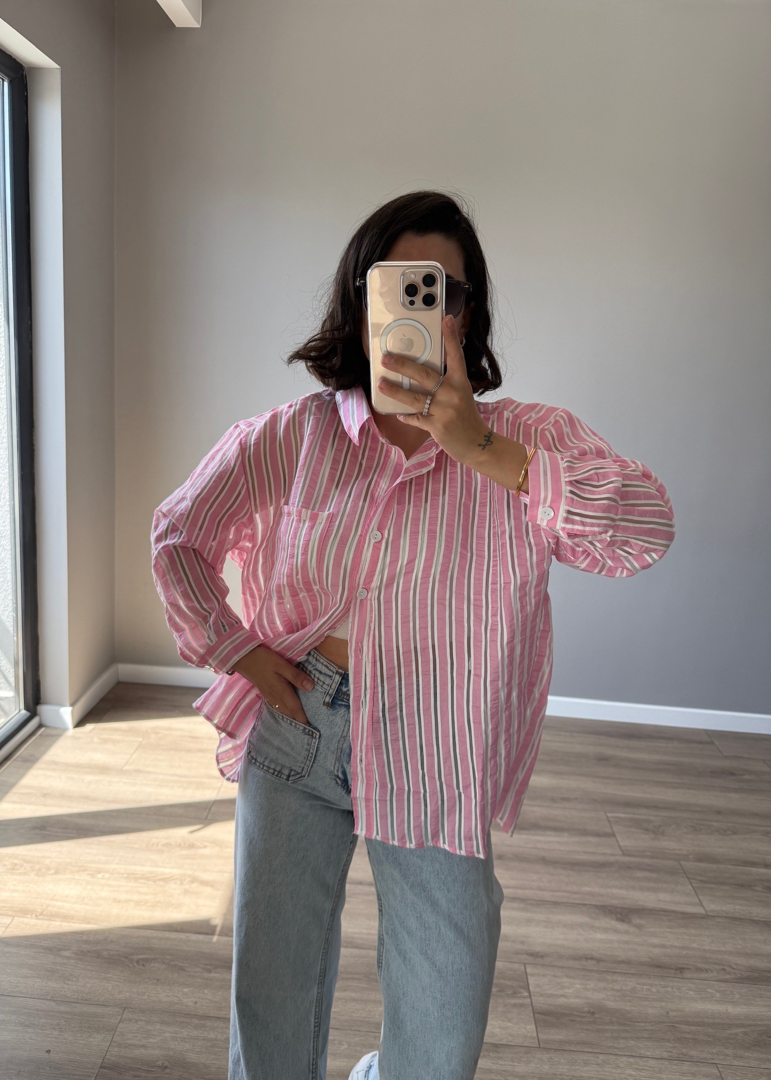 Tül Detaylı Toz Pembe Çizgili Gömlek
