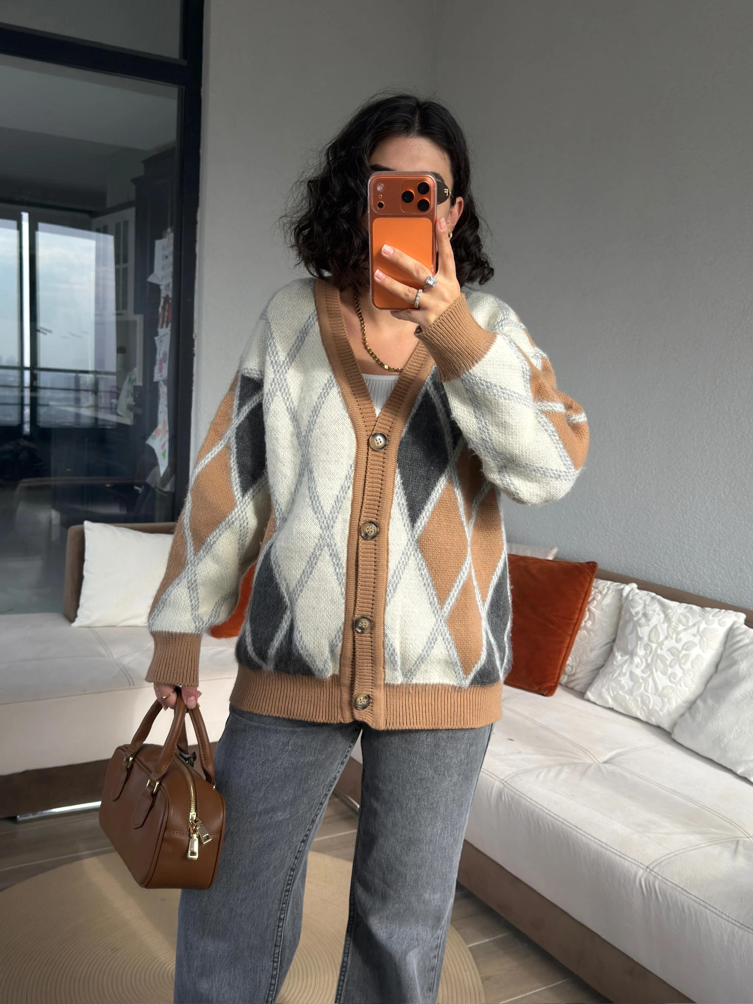 Premium Gri Taba Krem Baklava Detaylı Hırka