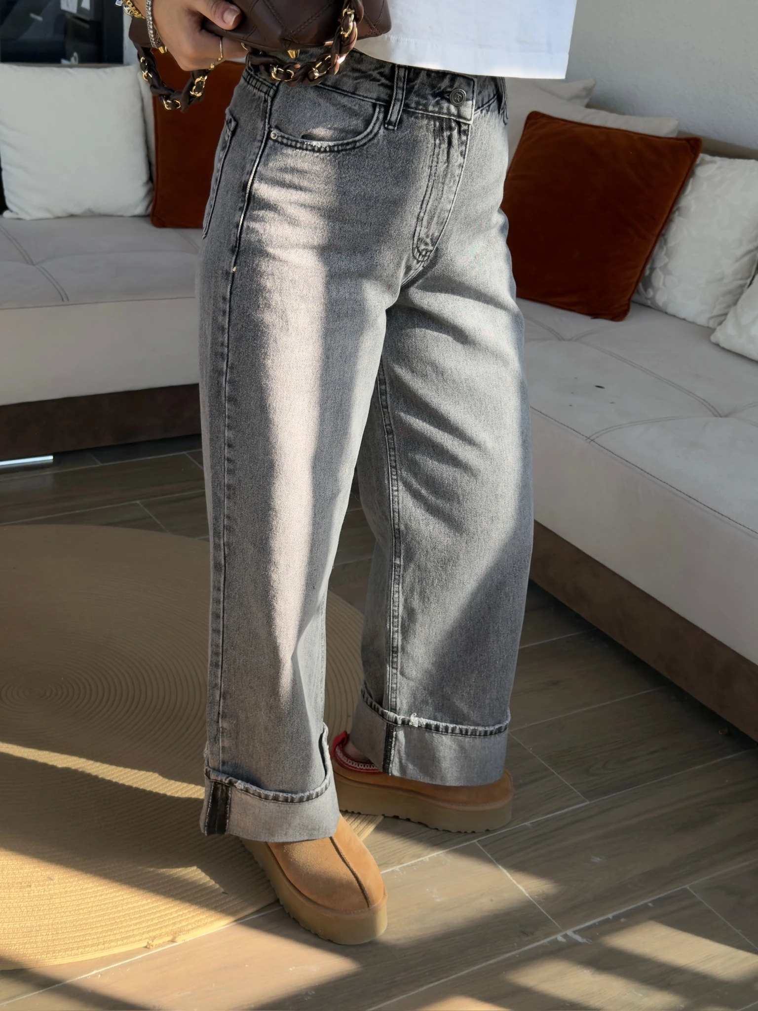 Premium Gri Paçası Katlı Jean