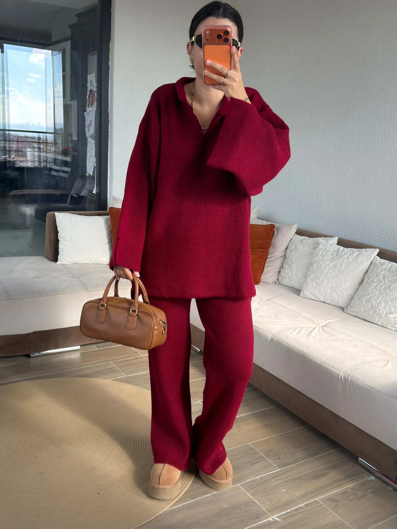 Premium V Yaka Fitilli Bordo Takım