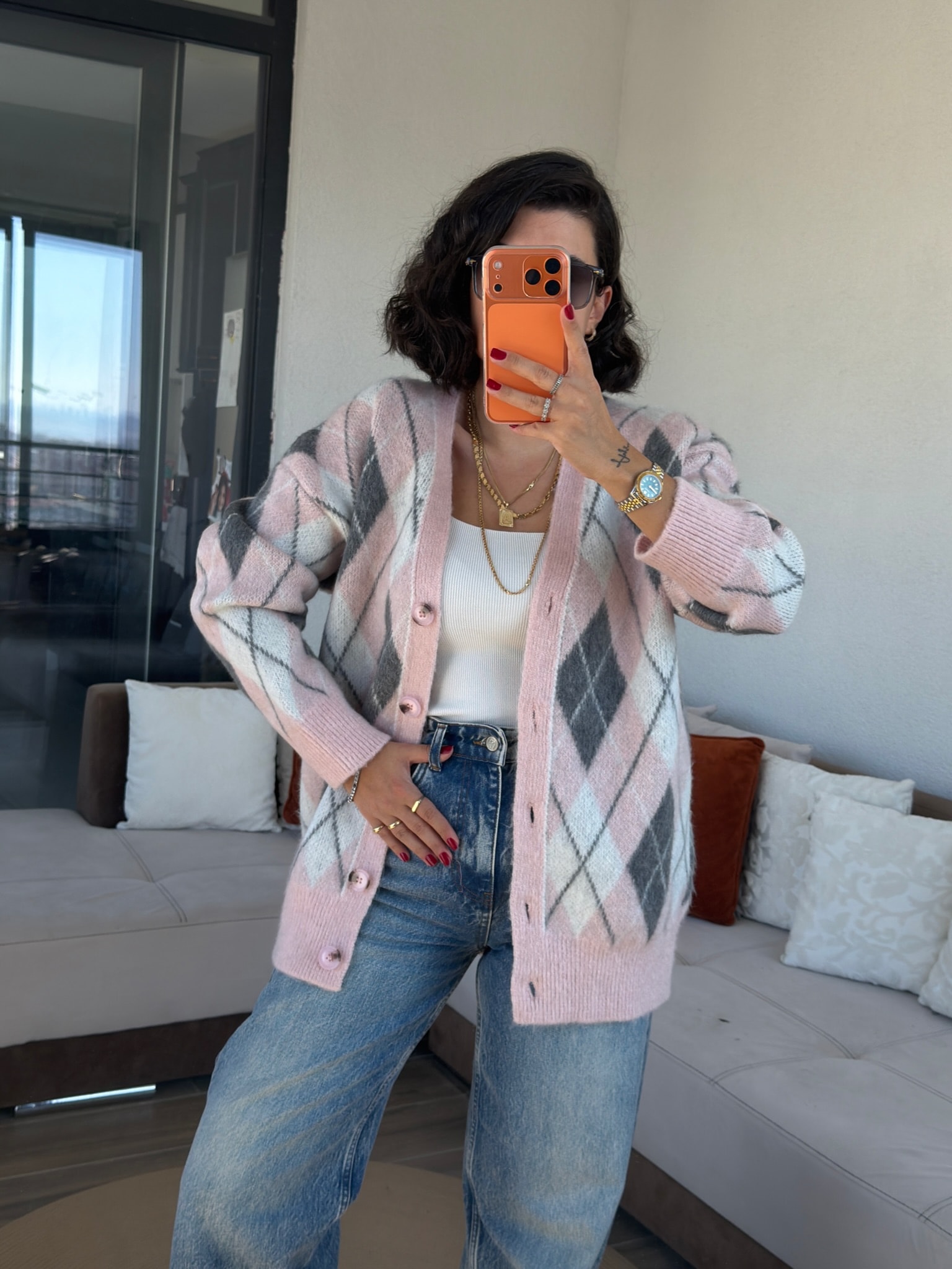MS Pembe Gri Baklava Desenli Hırka