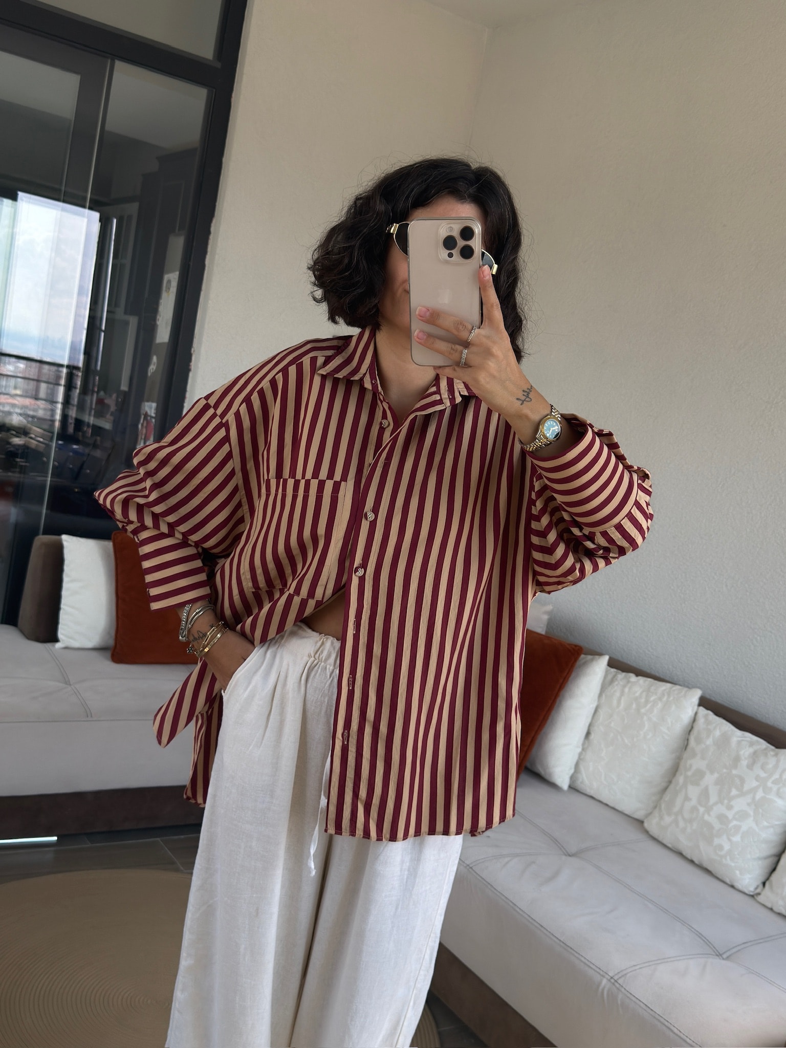 Premium Bordo-Bej Çizgili Gömlek