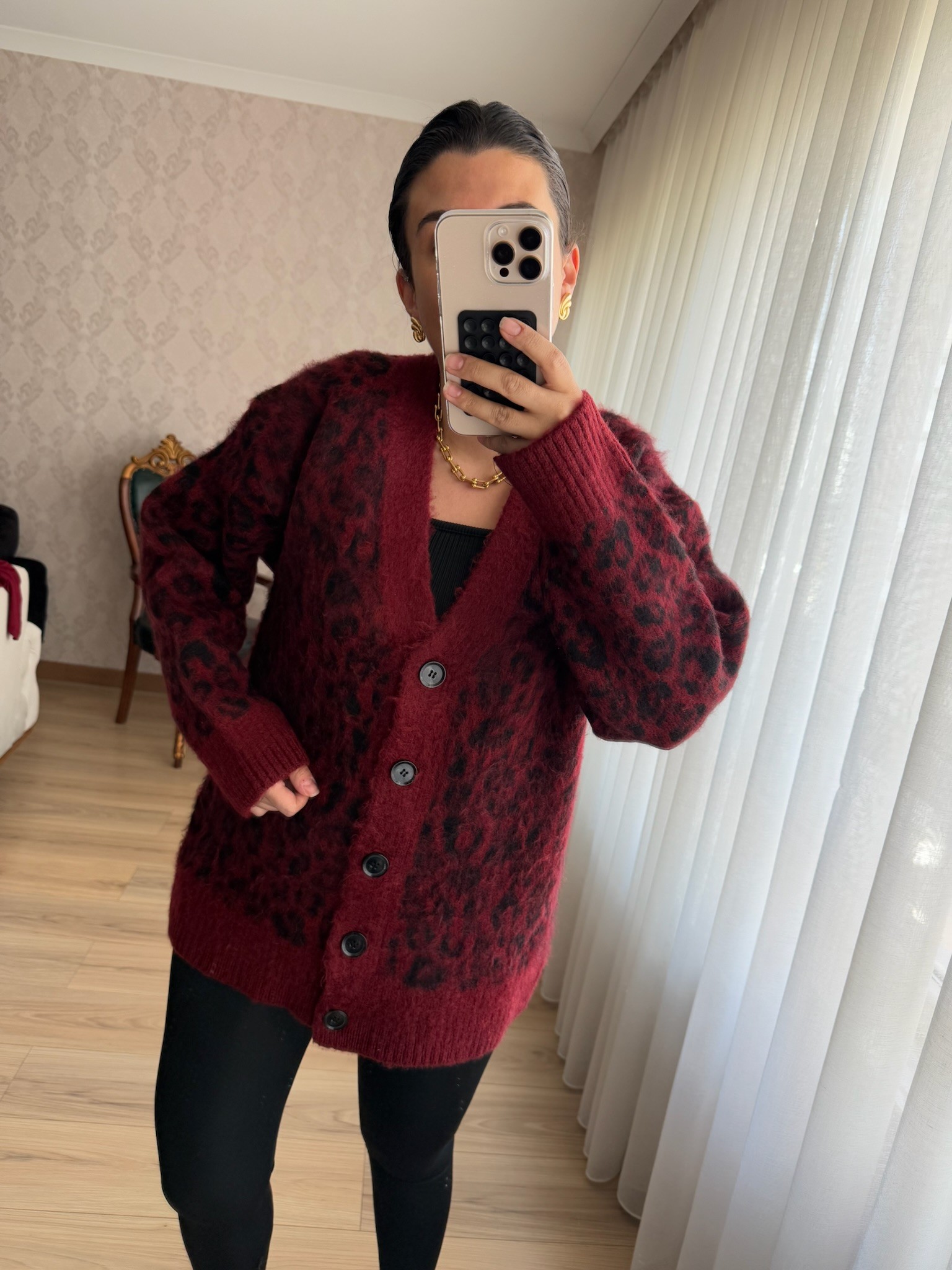 Bordo Leopar Detaylı Hırka