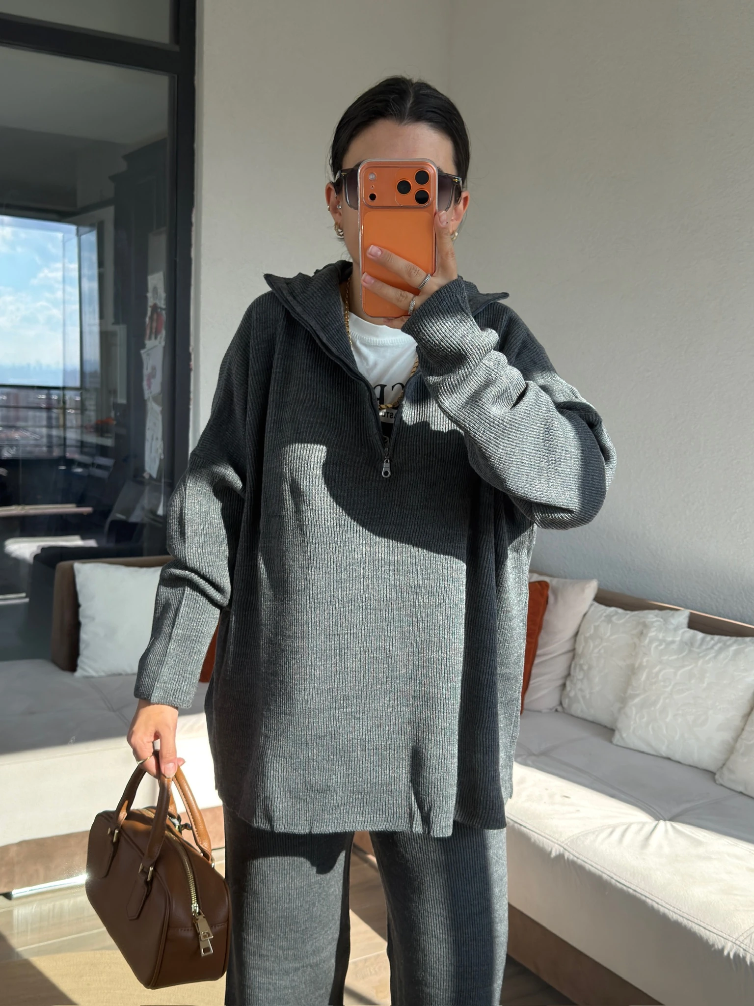 Premium Yakası Fermuarlı Antrasit Triko Takım